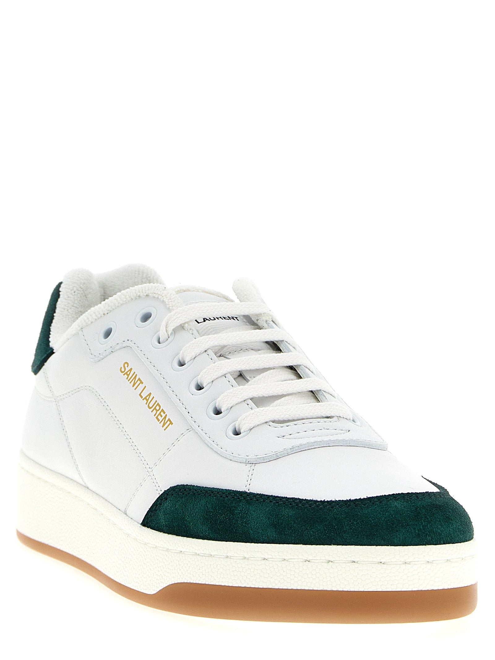 Sneakers basses Saint Laurent en cuir de veau bicolore, style moderne avec semelle blanche et design élégant.