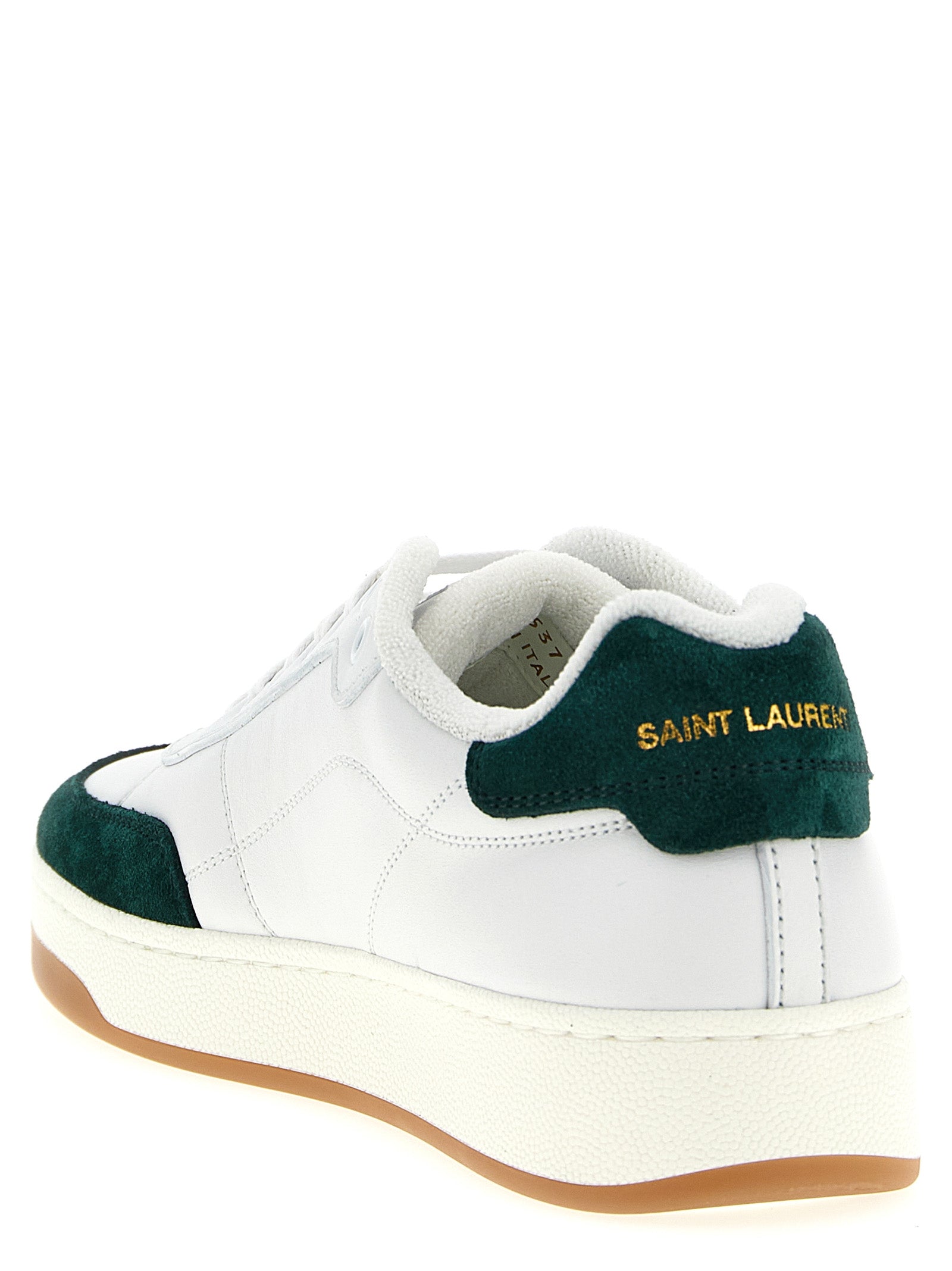 Basket Saint Laurent Bicolor en cuir de veau à talon bas, style élégant et moderne, visible en gros plan sur l'image.