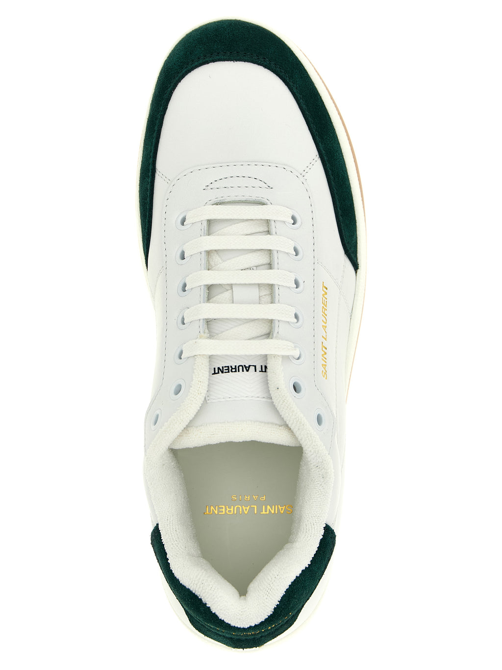 Chaussures sneakers basses bicolores en cuir de veau de Saint Laurent, style moderne et élégant.