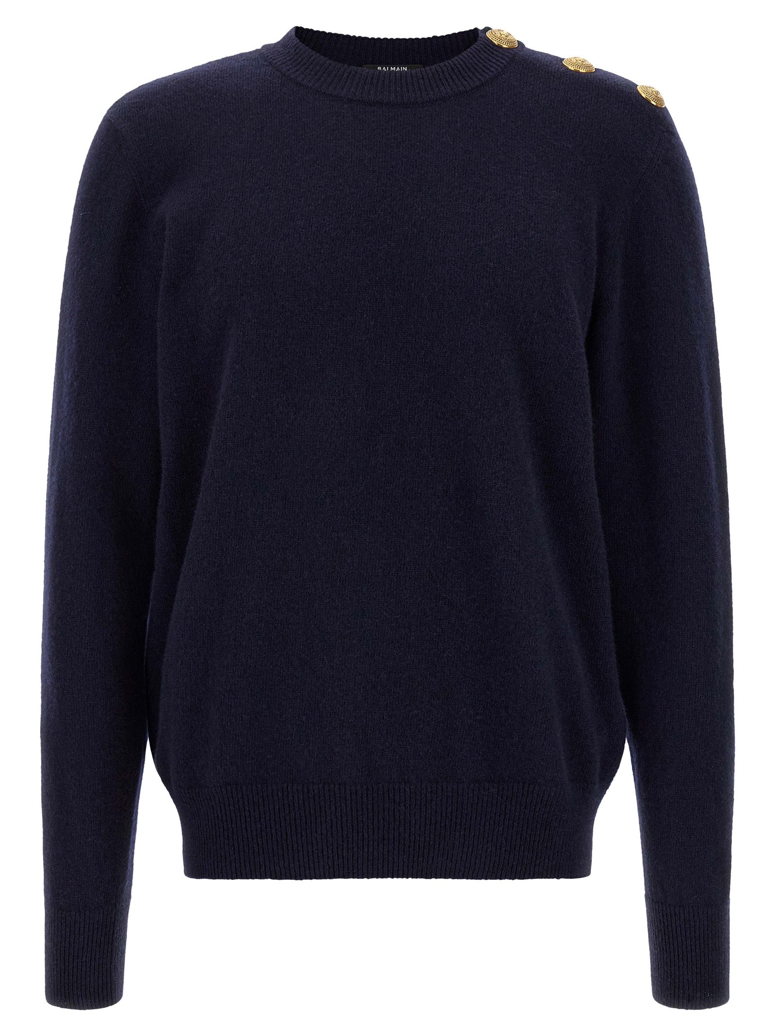 Cardigan en cachemire bleu Balmain, doux et élégant, avec détails sophistiqués, porté sur un mannequin.