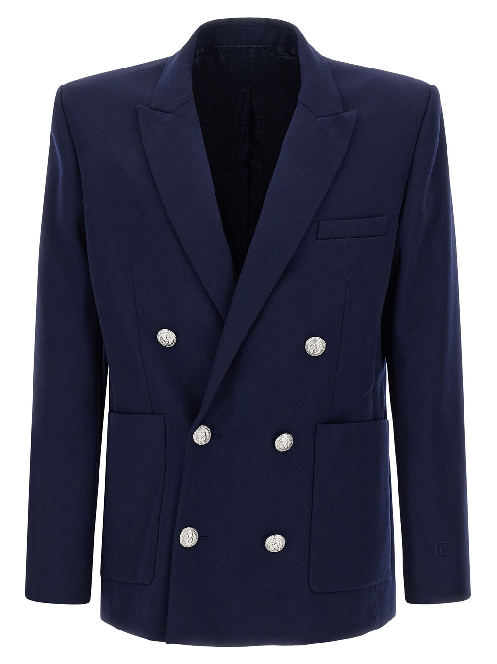 Veste blazer bleu en laine vierge Balmain, coupe élégante et tailleur ajusté, vue de face sur fond neutre.