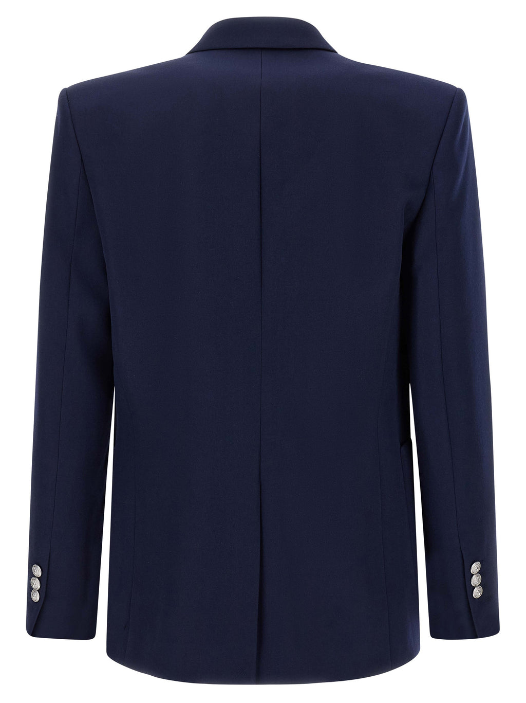 Blazer bleu en laine vierge Balmain, veste élégante avec coupe ajustée et détails sophistiqués, vue de face sur fond neutre.