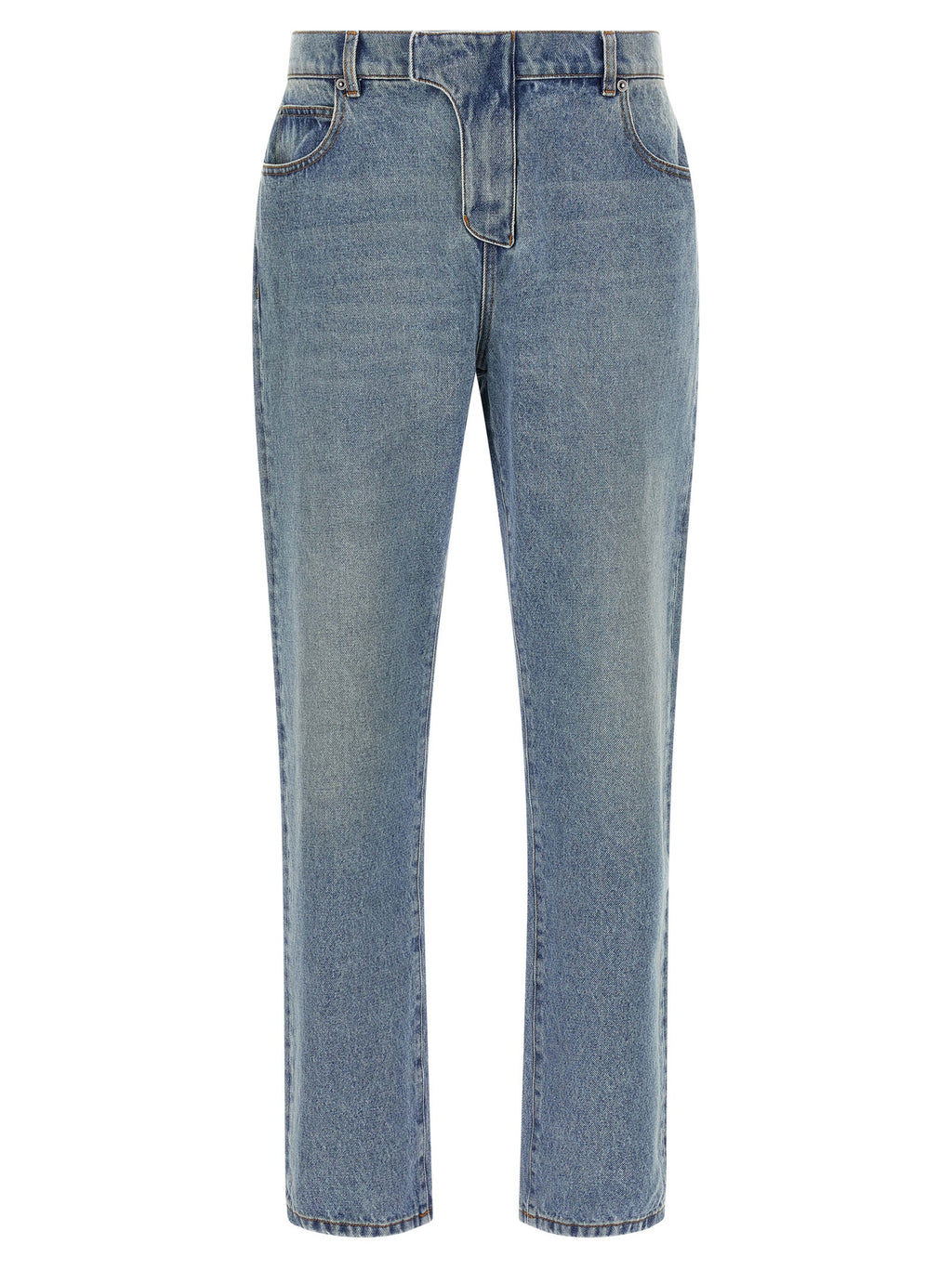 Jeans en denim coton bleu Balmain, coupe classique avec détails de couture visibles sur le pantalon.
