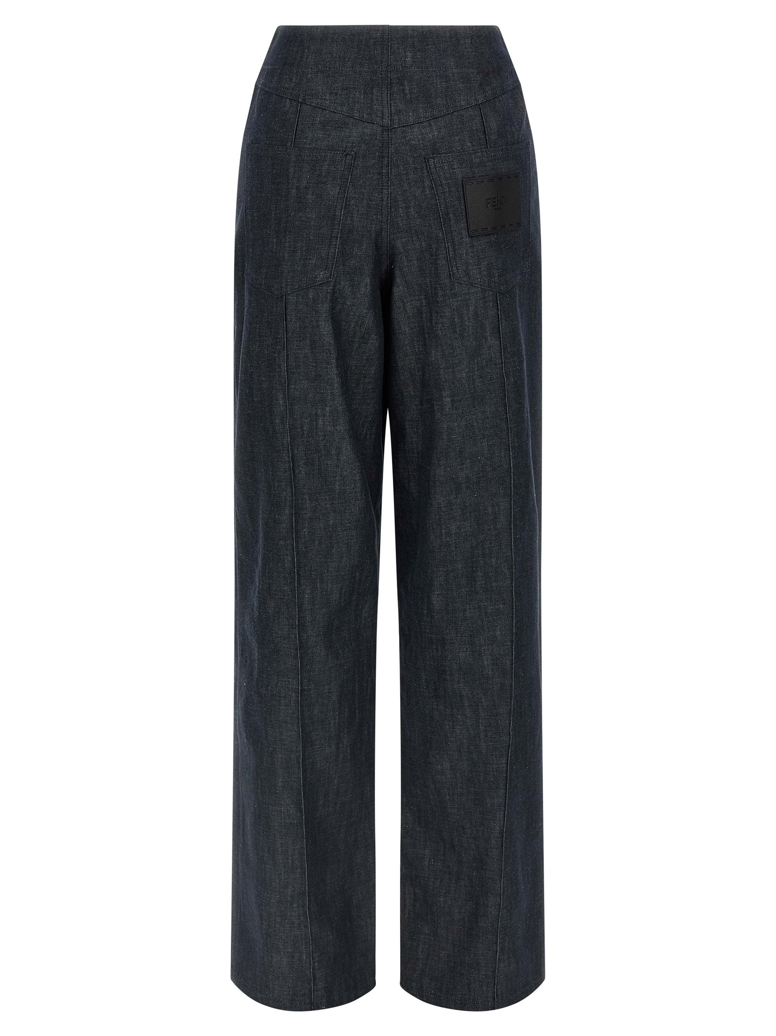 Jeans en coton bleu à taille haute de la marque Fendi, mode élégante et tendance pour femmes.