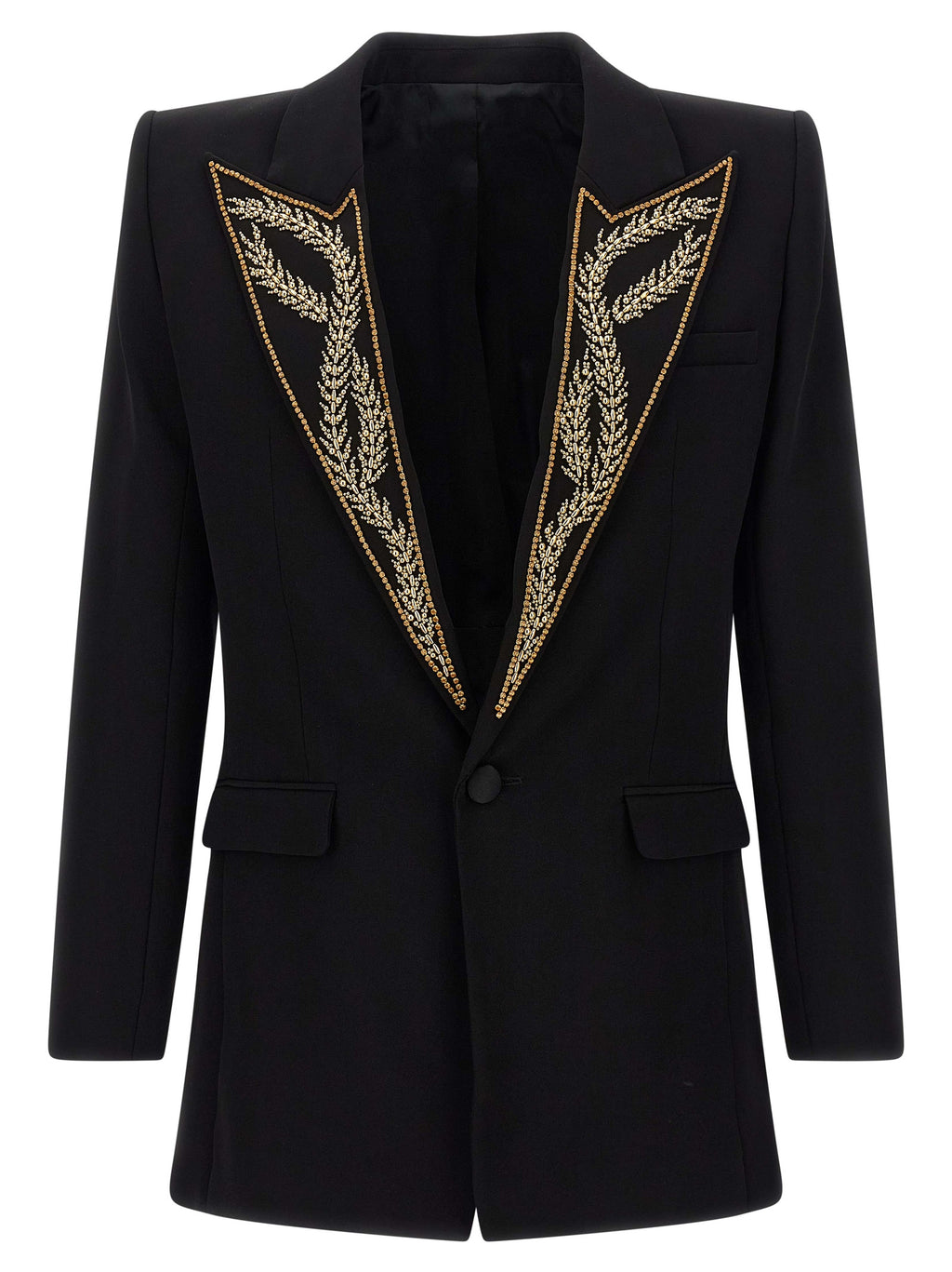 Blazer noir en viscose de la marque Balmain, coupe élégante avec boutons dorés, porté sur un mannequin.