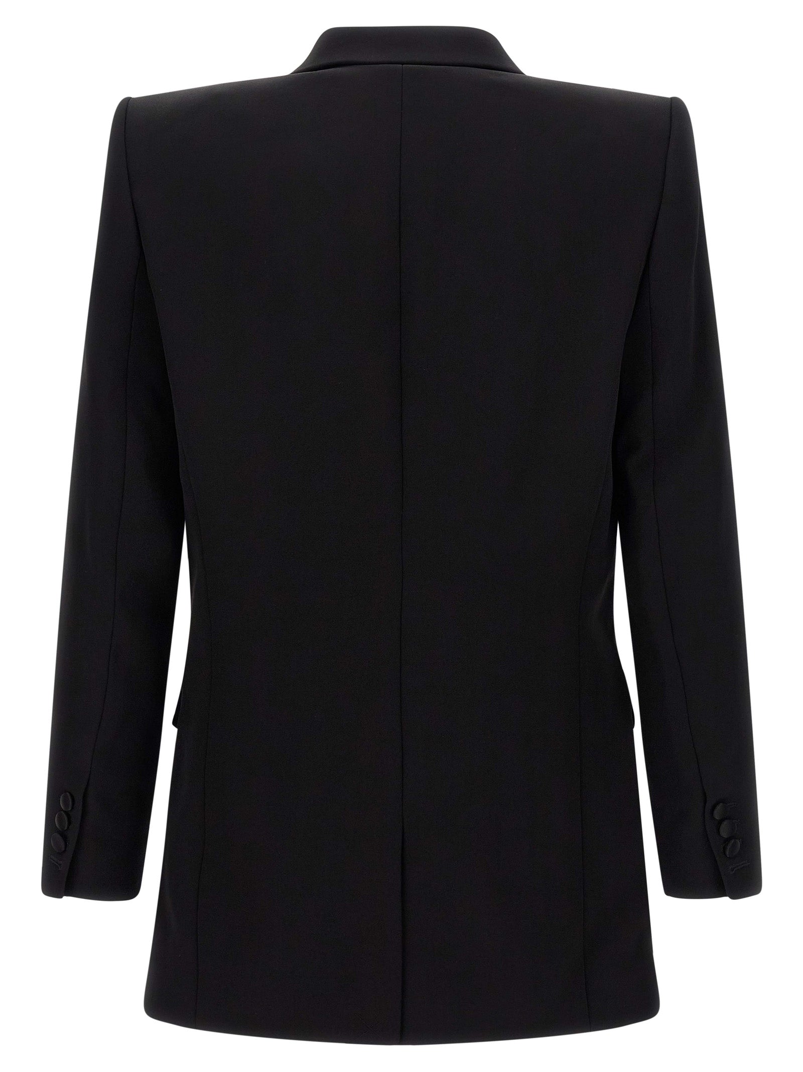 Blazer noir en viscose de la marque Balmain, coupe élégante avec col et boutons sophistiqués, porté sur un mannequin.