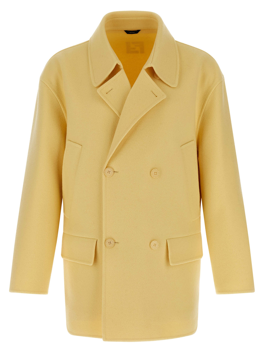 Manteau en laine vierge bicolore de la marque Fendi, coupe élégante, avec détails sophistiqués, porté sur un mannequin.