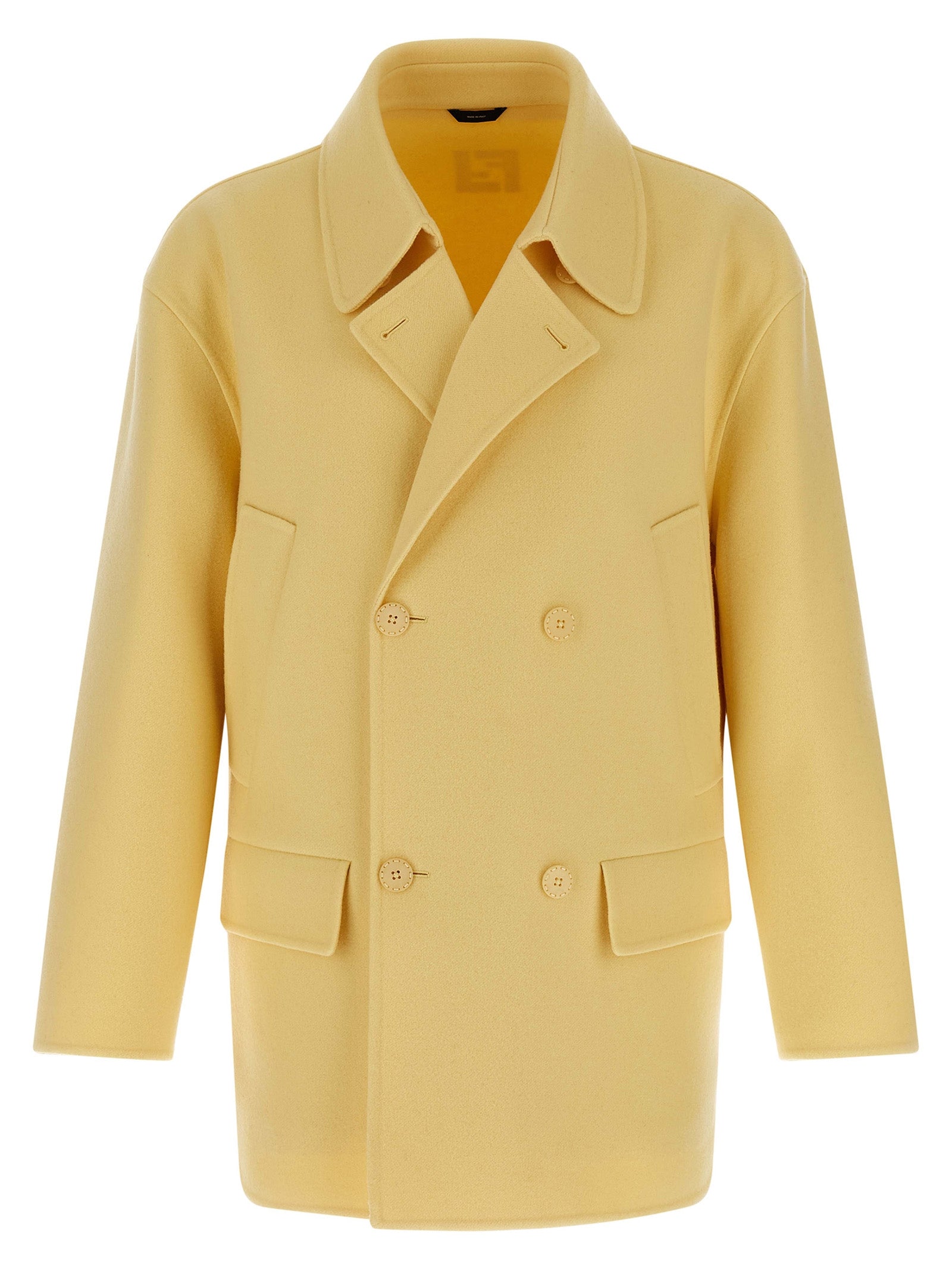 Manteau en laine vierge bicolore de la marque Fendi, coupe élégante, avec détails sophistiqués, porté sur un mannequin.