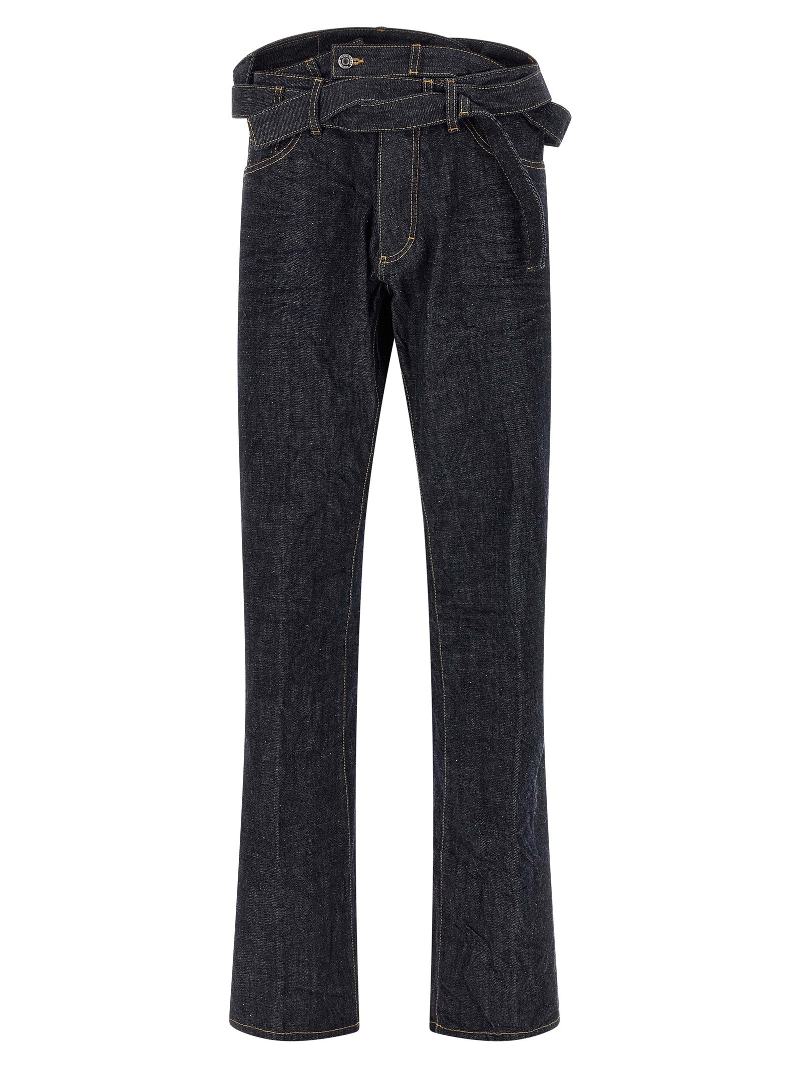 Jeans droits en coton bleu Dsquared², style classique, visible avec details de couture et ceinture en denim.