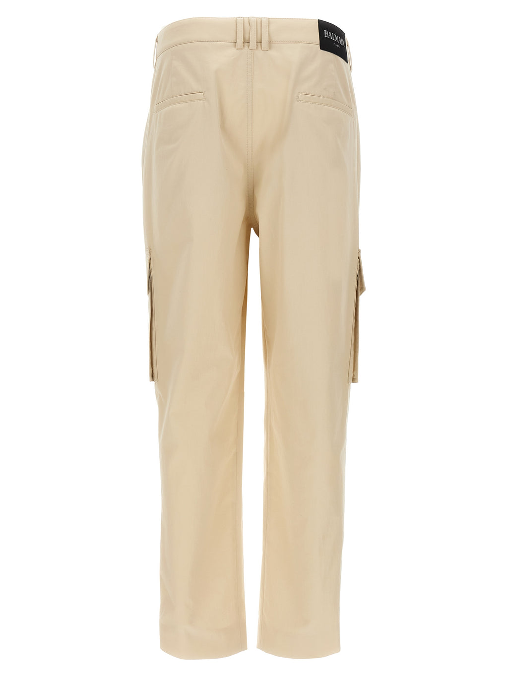 Pantalon cargo beige en coton de la marque Balmain, coupe décontractée, avec poches latérales et détails modernes.