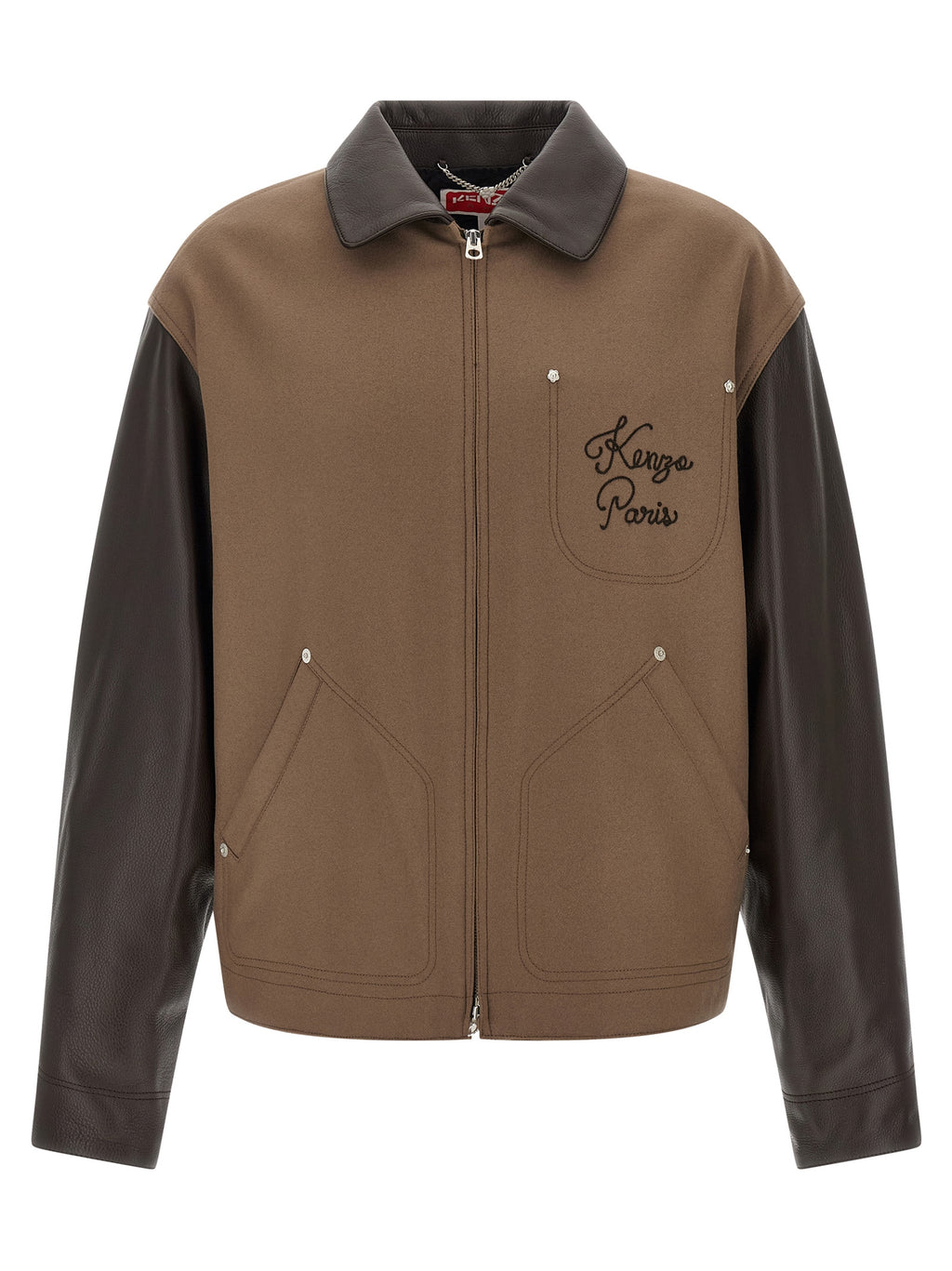 Veste en laine vierge marron et cuir de la marque Kenzo, coupe élégante avec détails modernes, vue de face.
