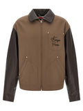 Veste en laine vierge marron et cuir de la marque Kenzo, coupe élégante avec détails modernes, vue de face.