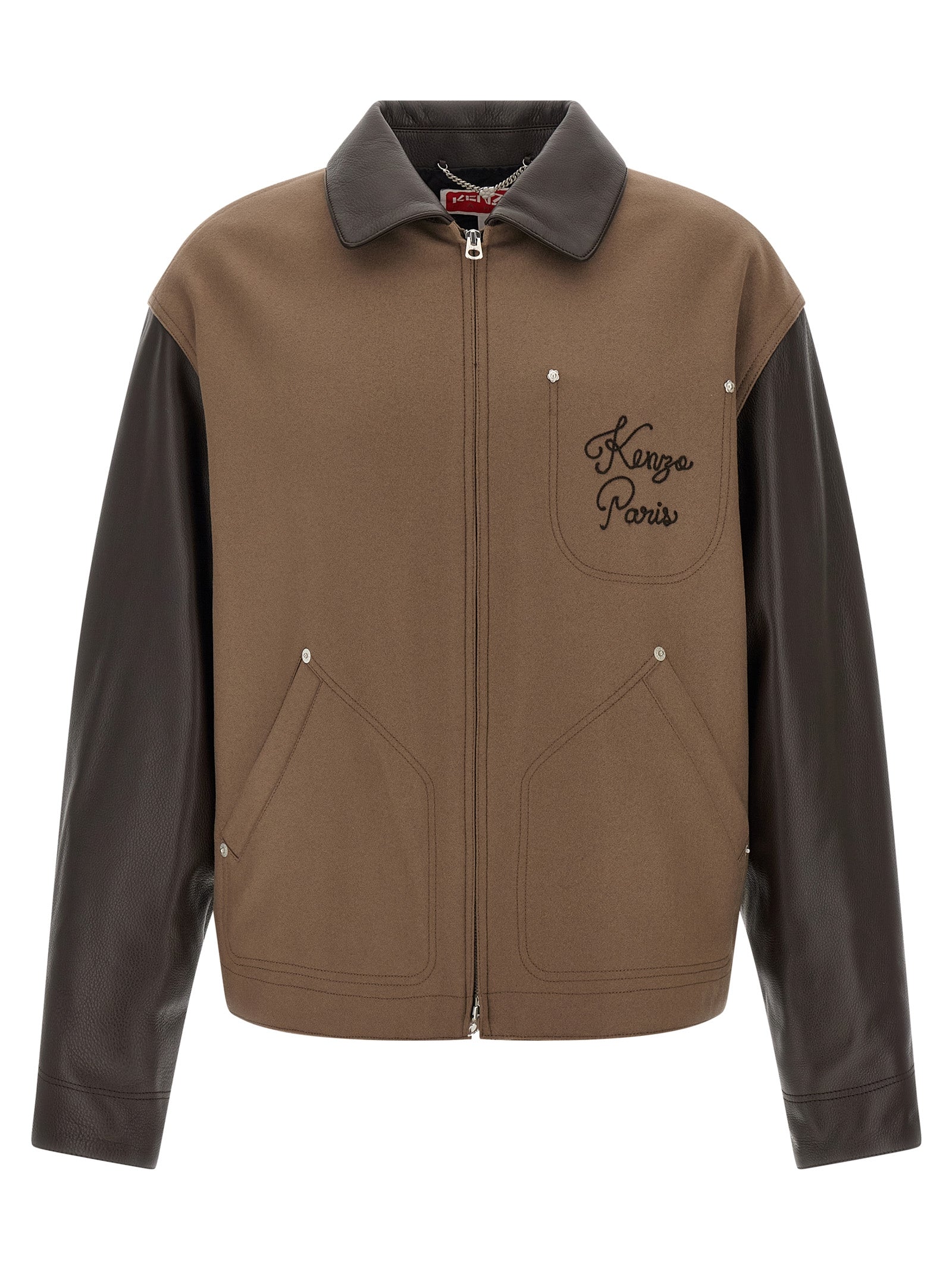 Veste en laine vierge marron et cuir de la marque Kenzo, coupe élégante avec détails modernes, vue de face.