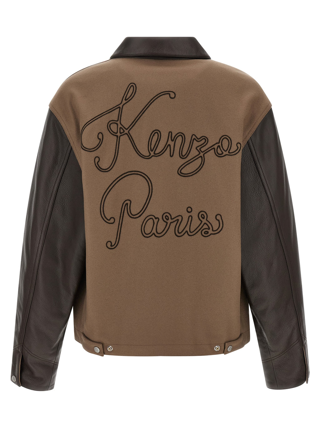 Veste en laine vierge marron et cuir de la marque Kenzo, avec coupe élégante et détails sophistiqués, vue de face.