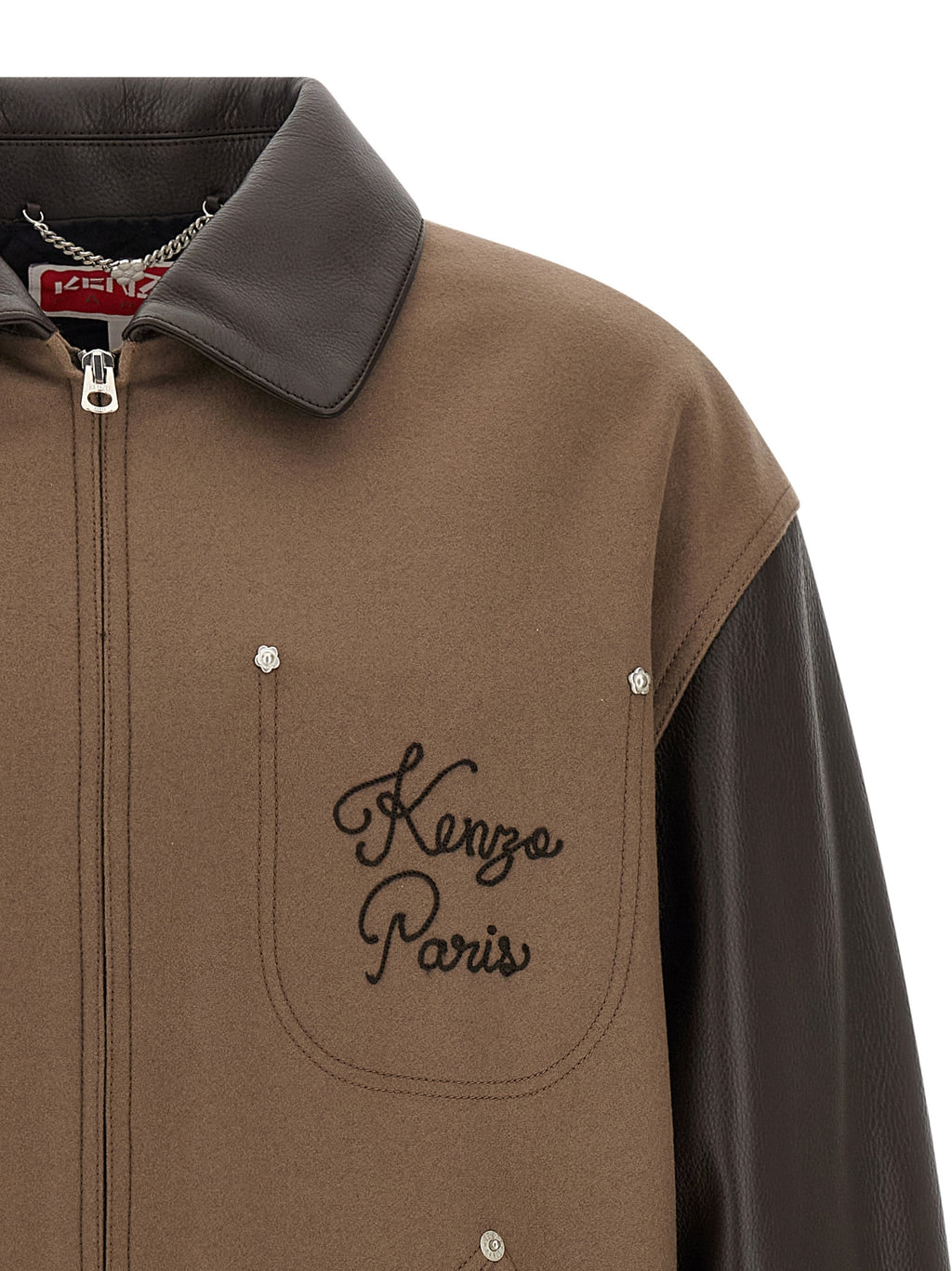 Veste en laine vierge marron de Kenzo avec détails en cuir, coupe élégante et moderne, vue de face.