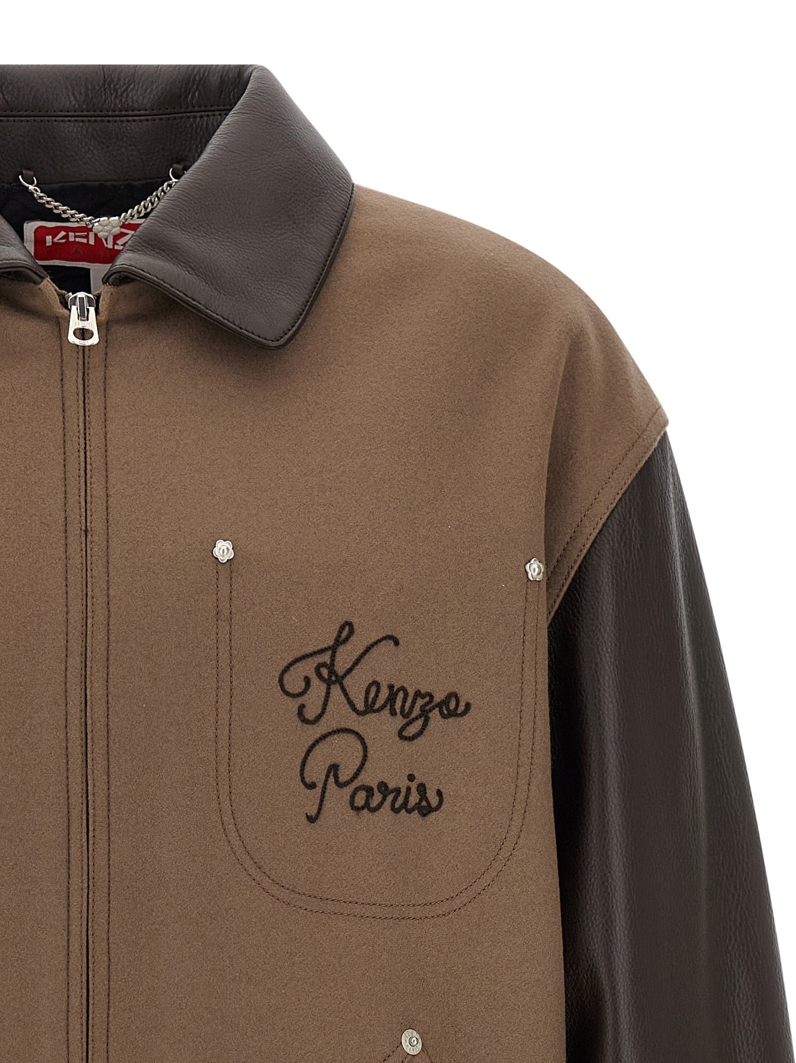 Veste en laine vierge marron de Kenzo avec détails en cuir, coupe élégante et moderne, vue de face.