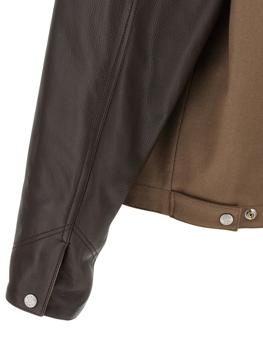 Veste en cuir et laine vierge marron de Kenzo, élégante et moderne, avec détails de couture et col classique.
