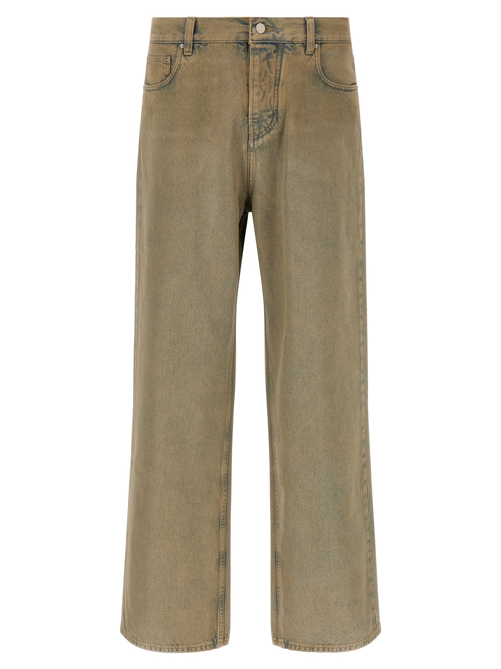Jean droit beige en coton de la marque Amiri, vue de face, avec détails de coupe et texture du tissu visible.