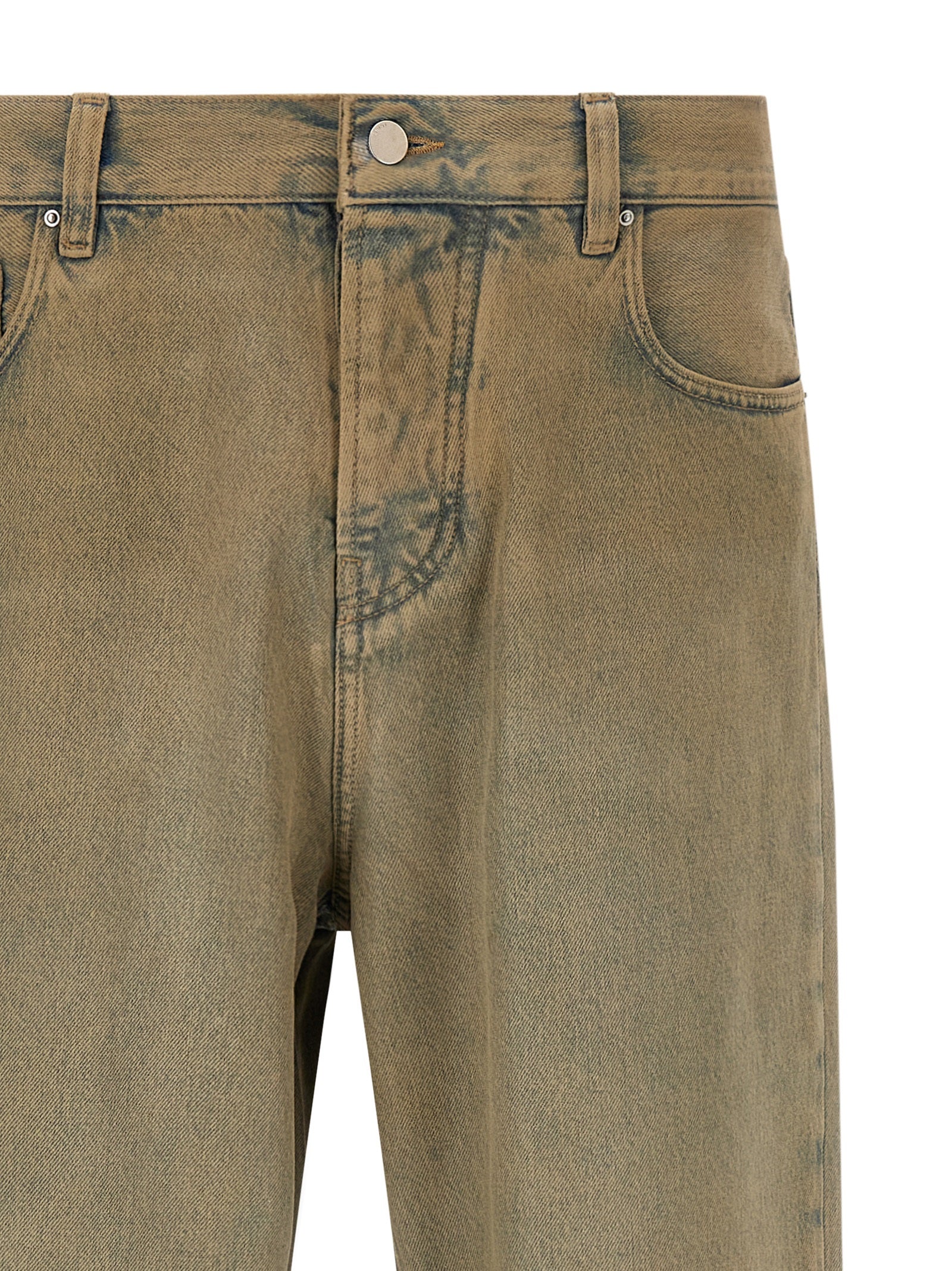 Jeans beige en coton à coupe droite de la marque Amiri, visibles avec détails de couture et de poche.