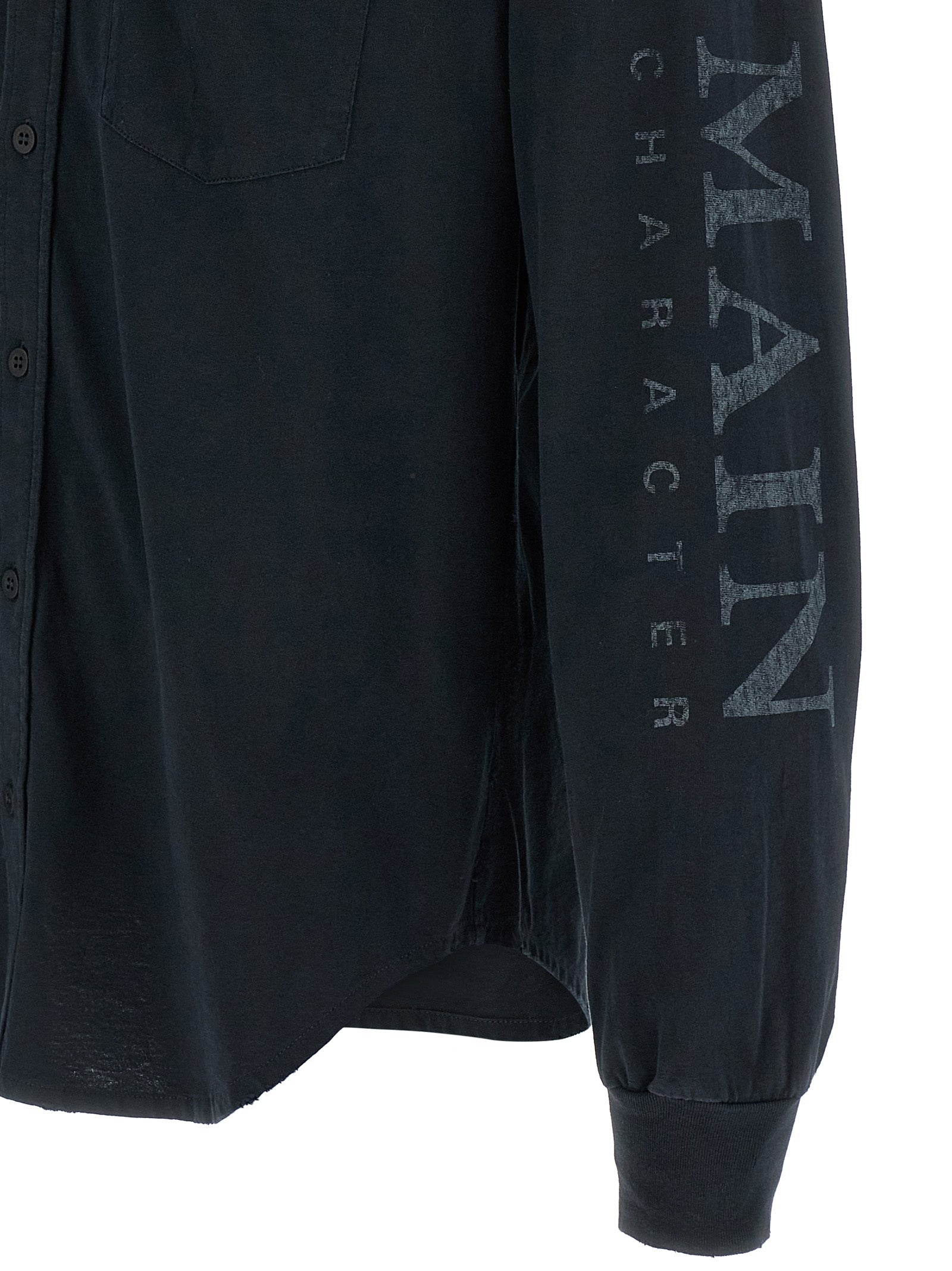 Chemise en coton noire Balenciaga, coupe élégante, détail de col et manches, tissu doux et confortable.