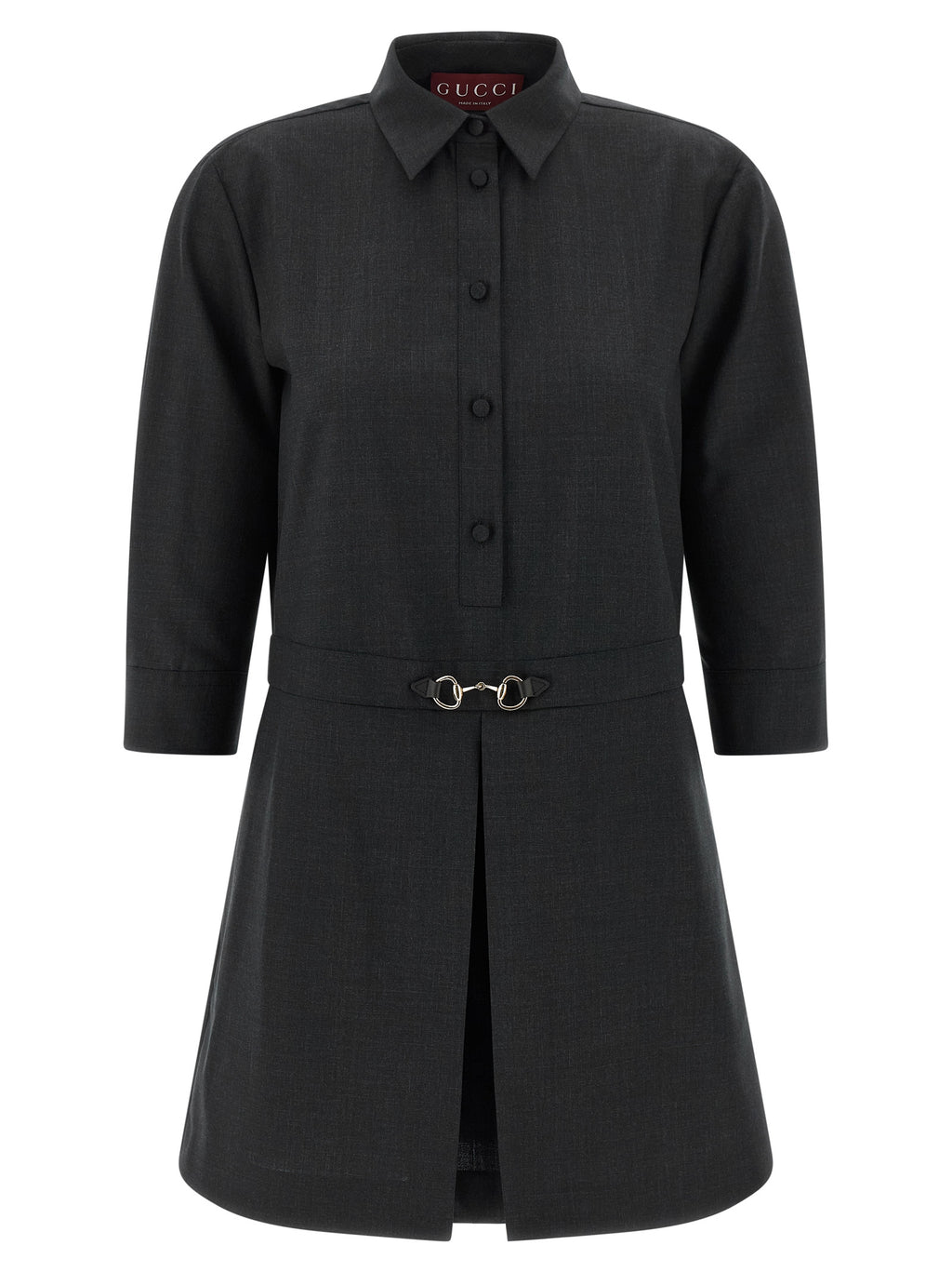 Robe courte en laine grise de Gucci, design élégant avec coupe ajustée et détails sophistiqués, portée sur mannequin.
