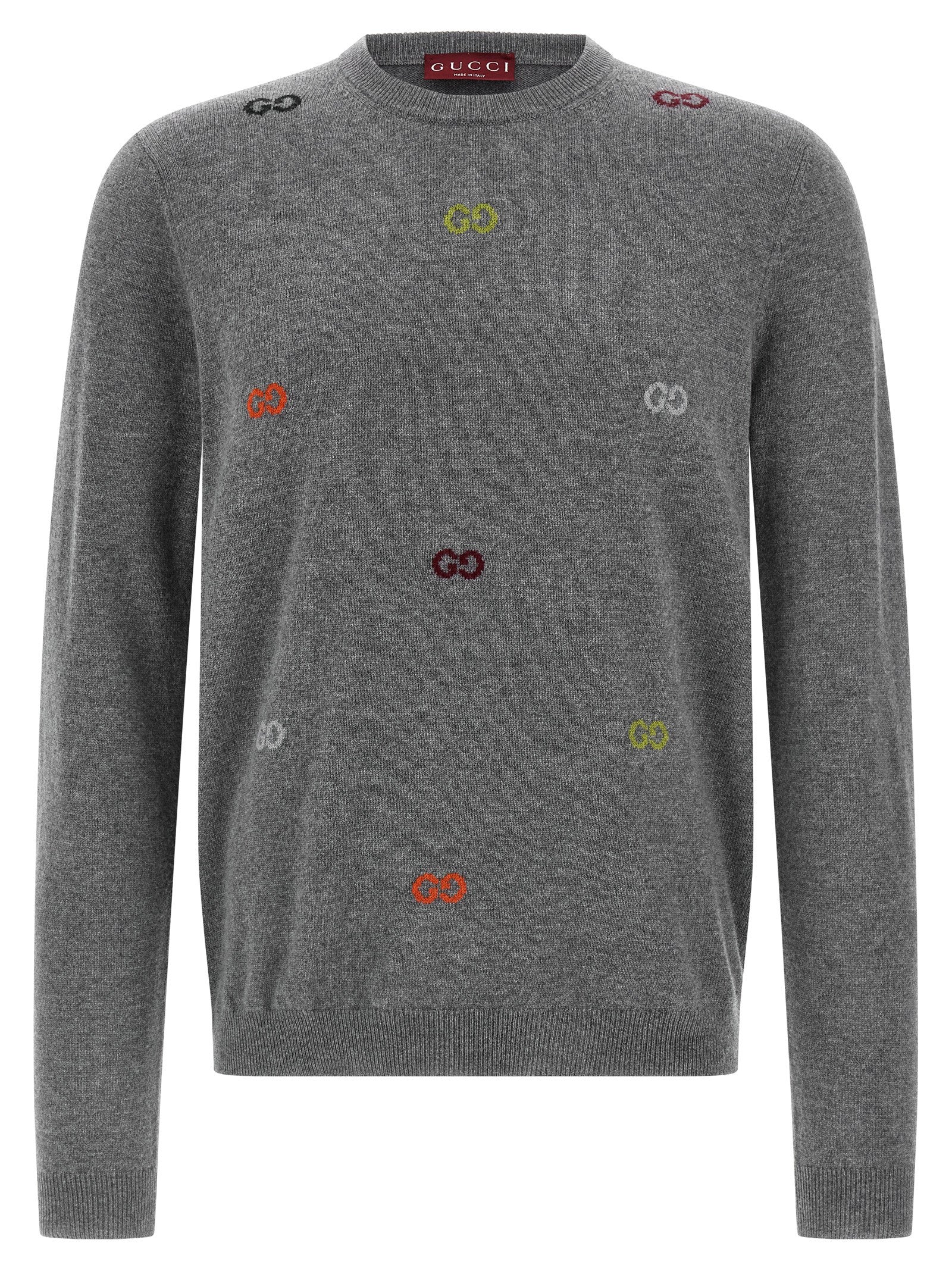 Cardigan en cachemire gris Gucci, vêtement élégant avec détails sophistiqués, porté sur un mannequin.