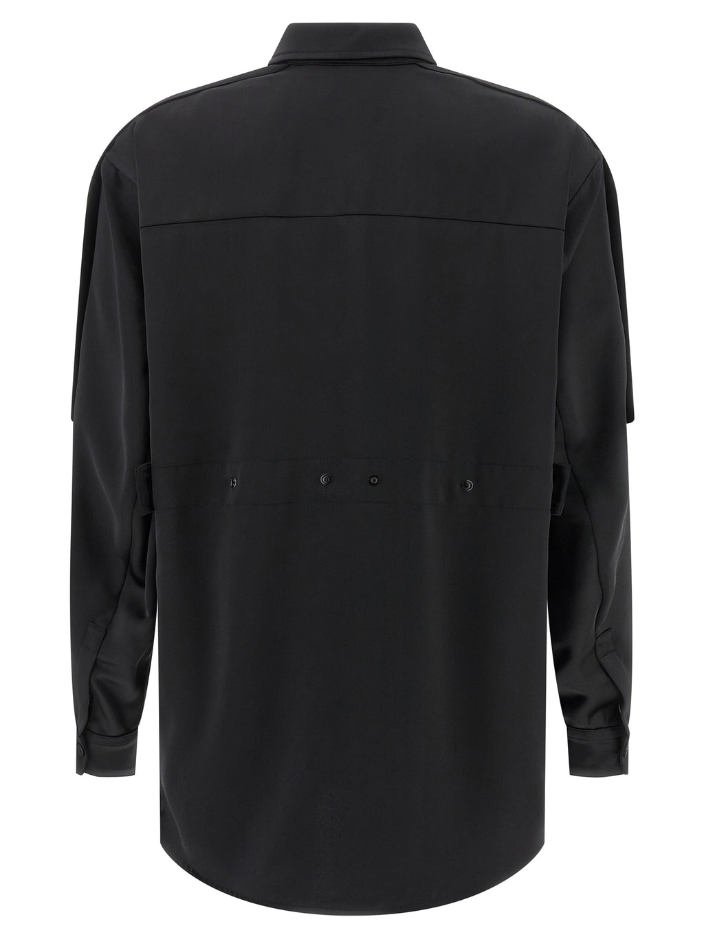 Chemise en polyester noire MONCLER GENIUS avec détails modernes, vue de l'avant, idéale pour un style élégant et contemporain.