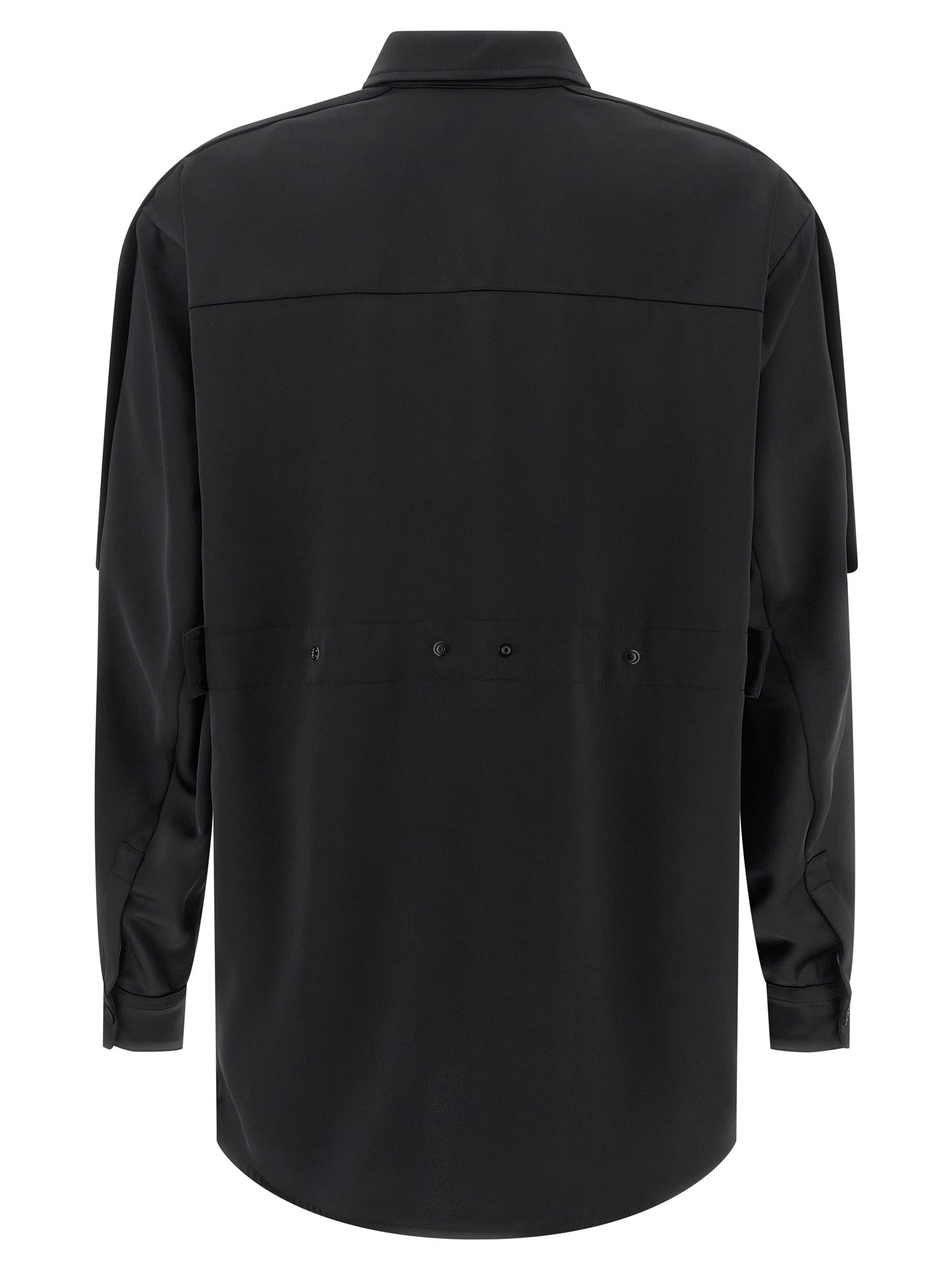 Chemise en polyester noire MONCLER GENIUS avec détails modernes, vue de l'avant, idéale pour un style élégant et contemporain.