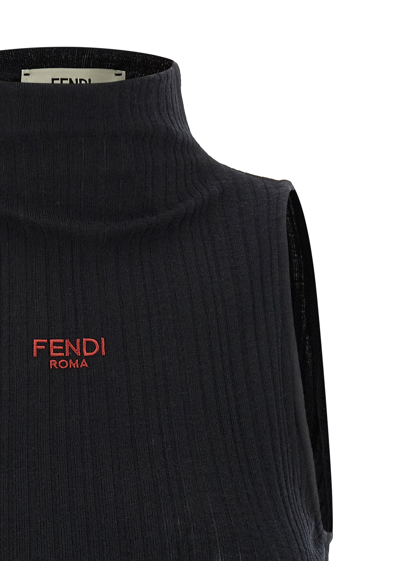 T-shirt sans manches en polyester noir Fendi, vue de face, avec logo subtil, parfait pour un style élégant et moderne.