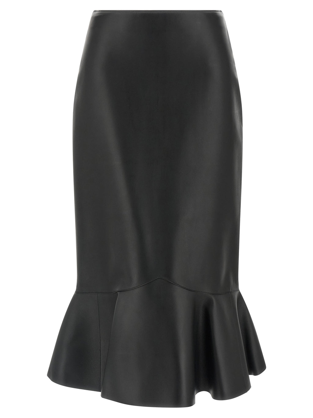 Jupe midi en cuir d’agneau noir de Fendi, élégante et structurée, visible avec sa coupe fluide et détails sophistiqués.