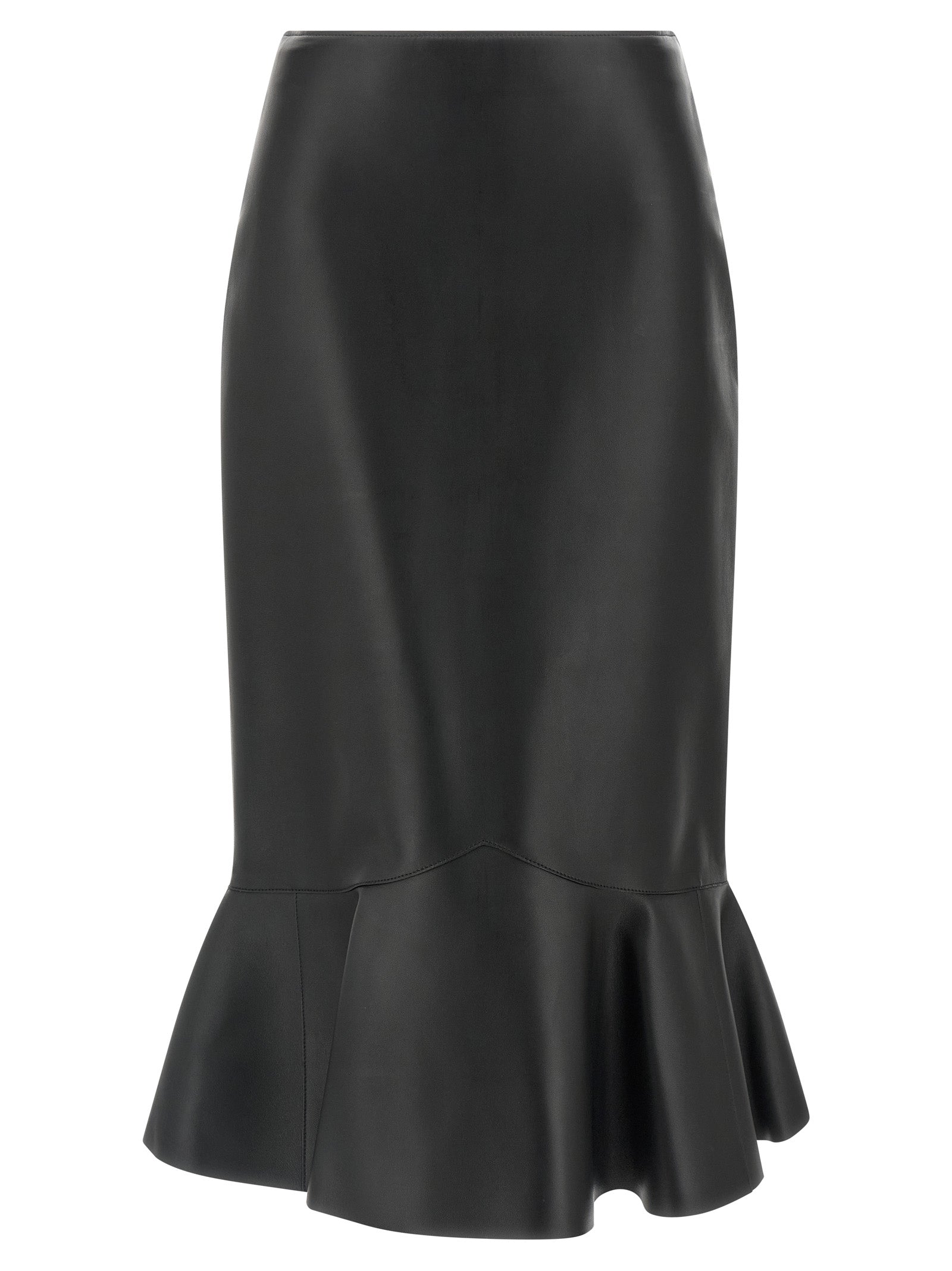 Jupe midi en cuir d’agneau noir de Fendi, élégante et structurée, visible avec sa coupe fluide et détails sophistiqués.