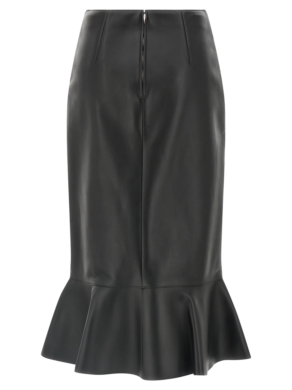 Jupe midi en cuir de agneau noir de la marque Fendi, vue de face avec détails de texture en cuir.