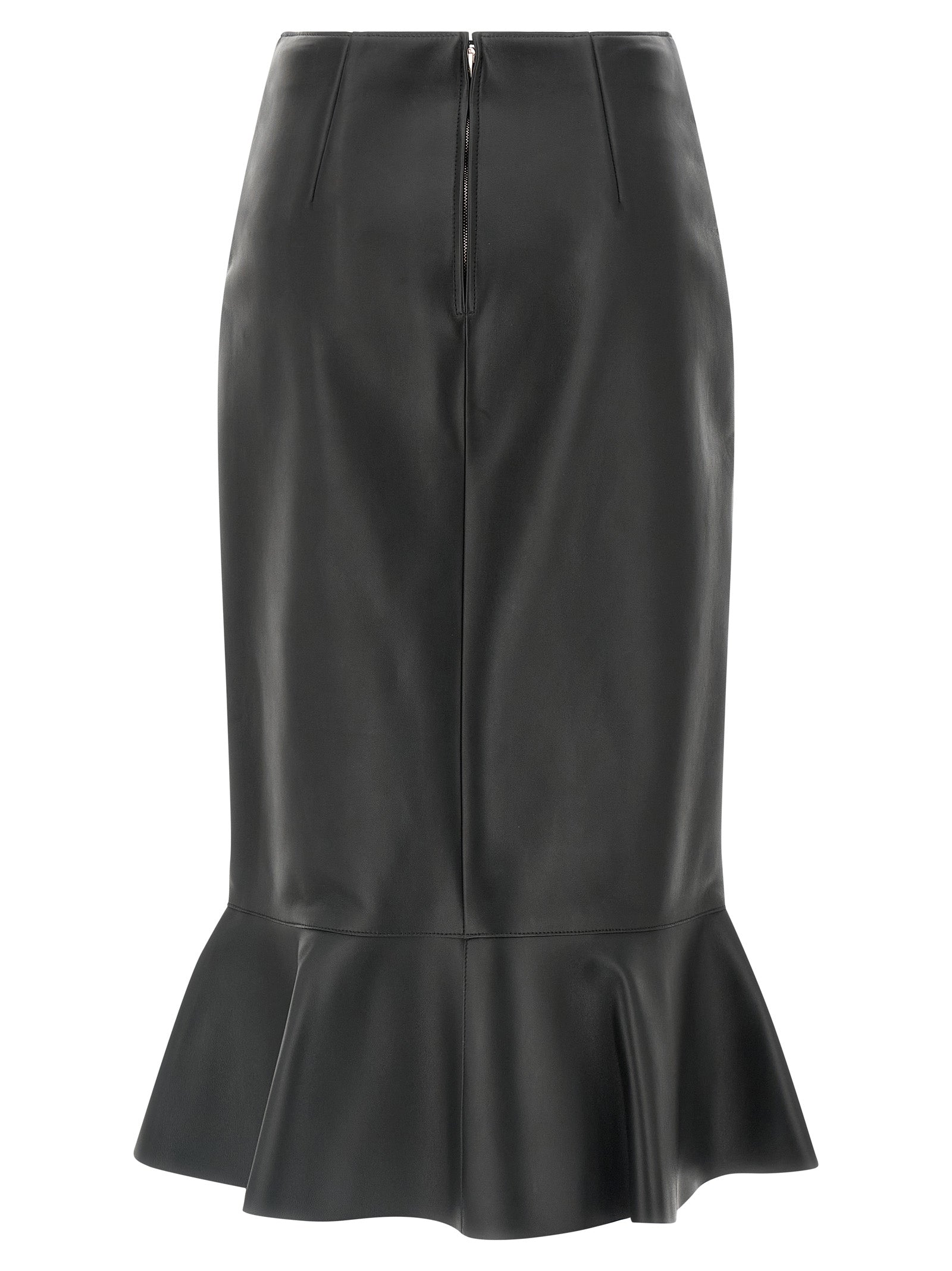 Jupe midi en cuir de agneau noir de la marque Fendi, vue de face avec détails de texture en cuir.
