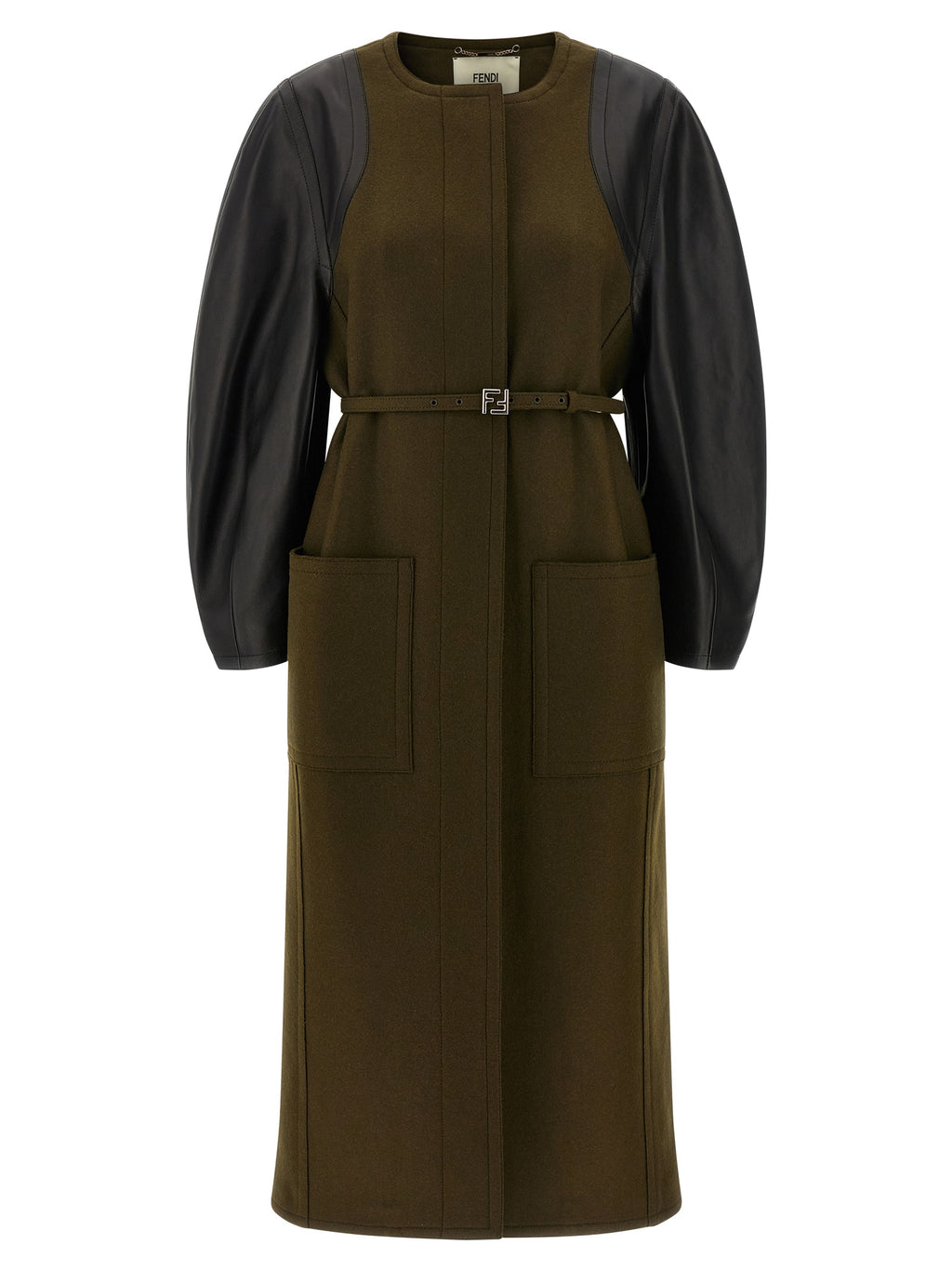 Manteau bicolore en viscose de Fendi, coupe élégante avec boutons et poches, porté sur un mannequin.