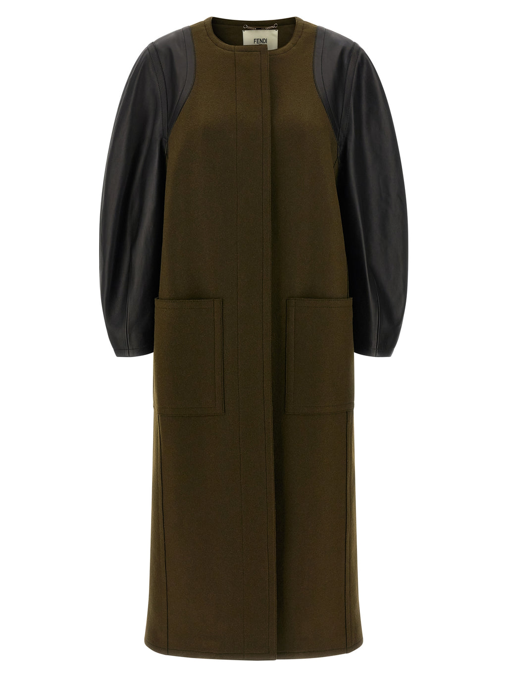 Manteau bicolore en viscose de Fendi, coupe élégante avec doublure contrastante et détails sophistiqués visibles sur l'image.