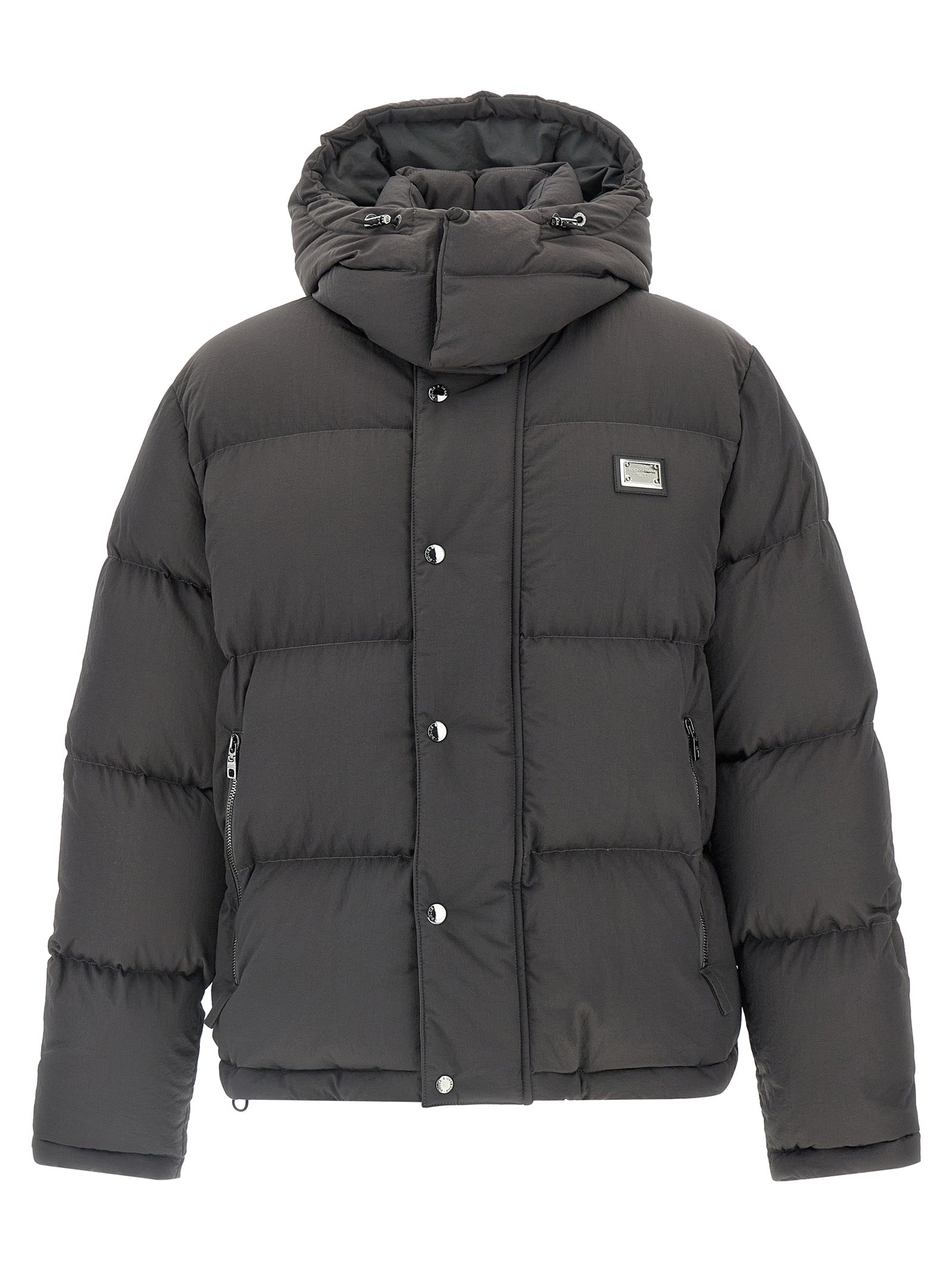 Veste longue en polyamide gris de Dolce & Gabbana, coupe moderne et élégante, visible avec détails de couture et fermeture éclair.