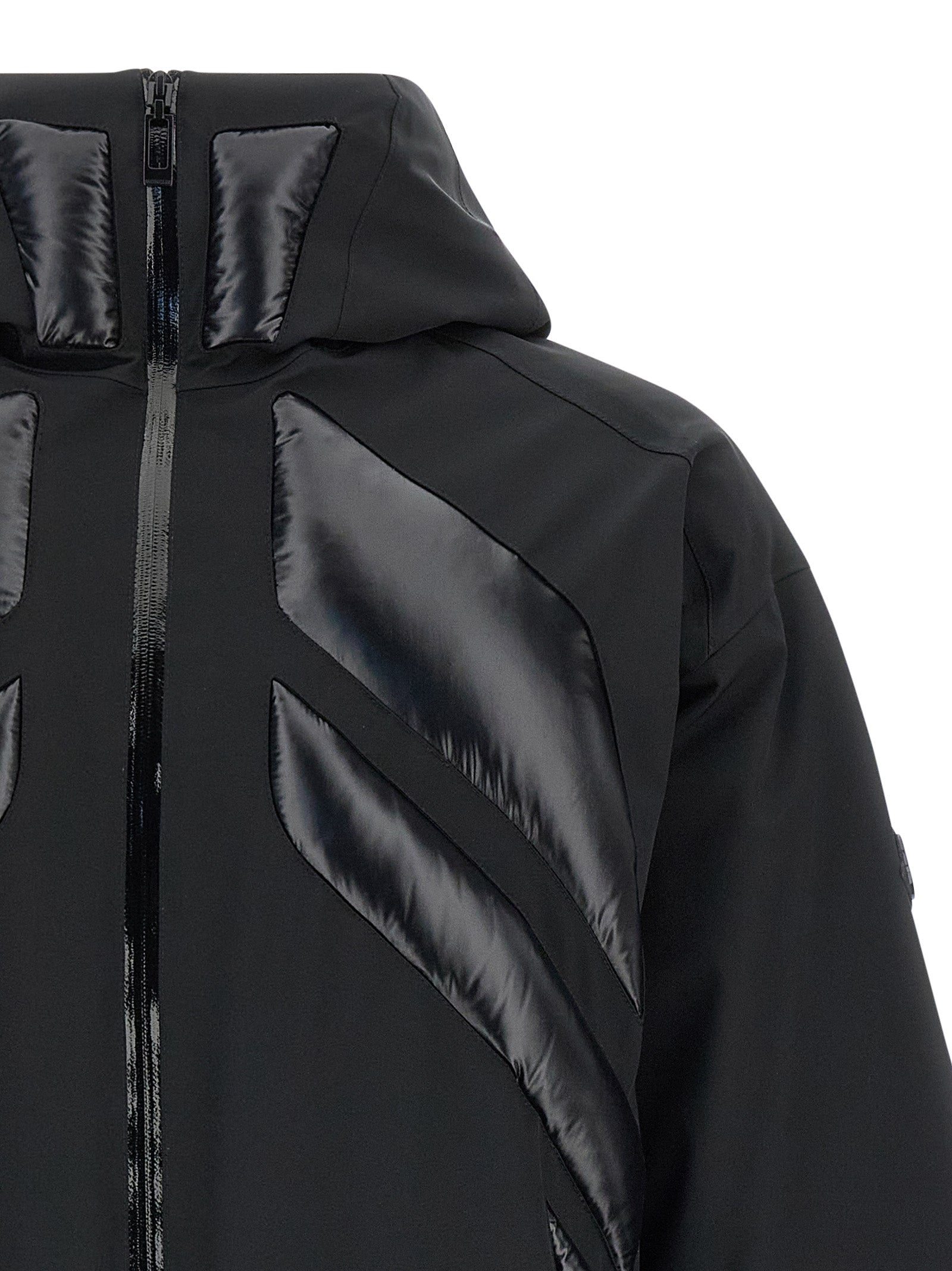 Veste longue en polyamide noire MONCLER GENIUS, mode élégante avec col montant et fermetures éclairs visibles.