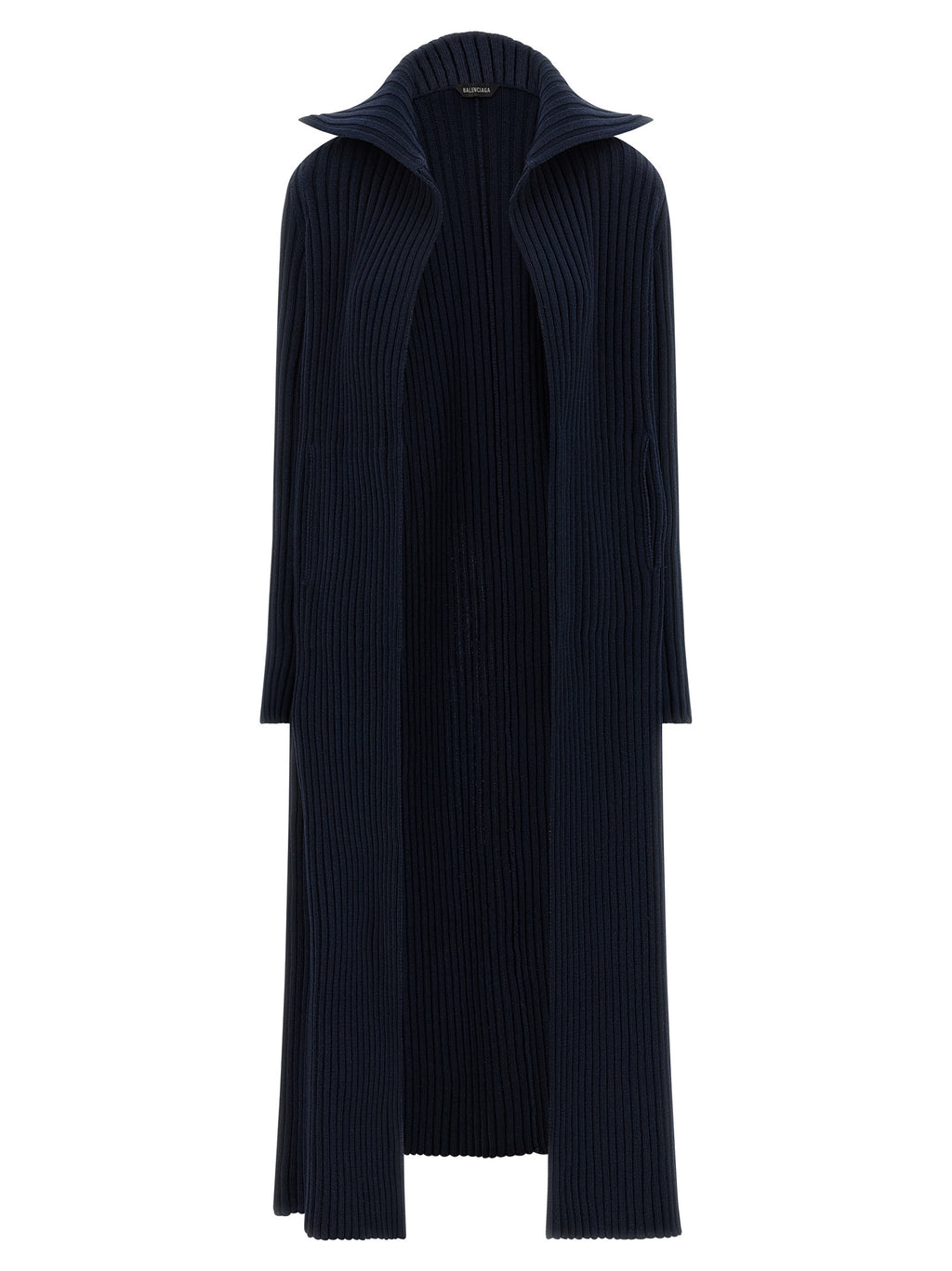 Cardigan en polyester bleu de la marque Balenciaga, detail visible avec col et boutons sur fond neutre.