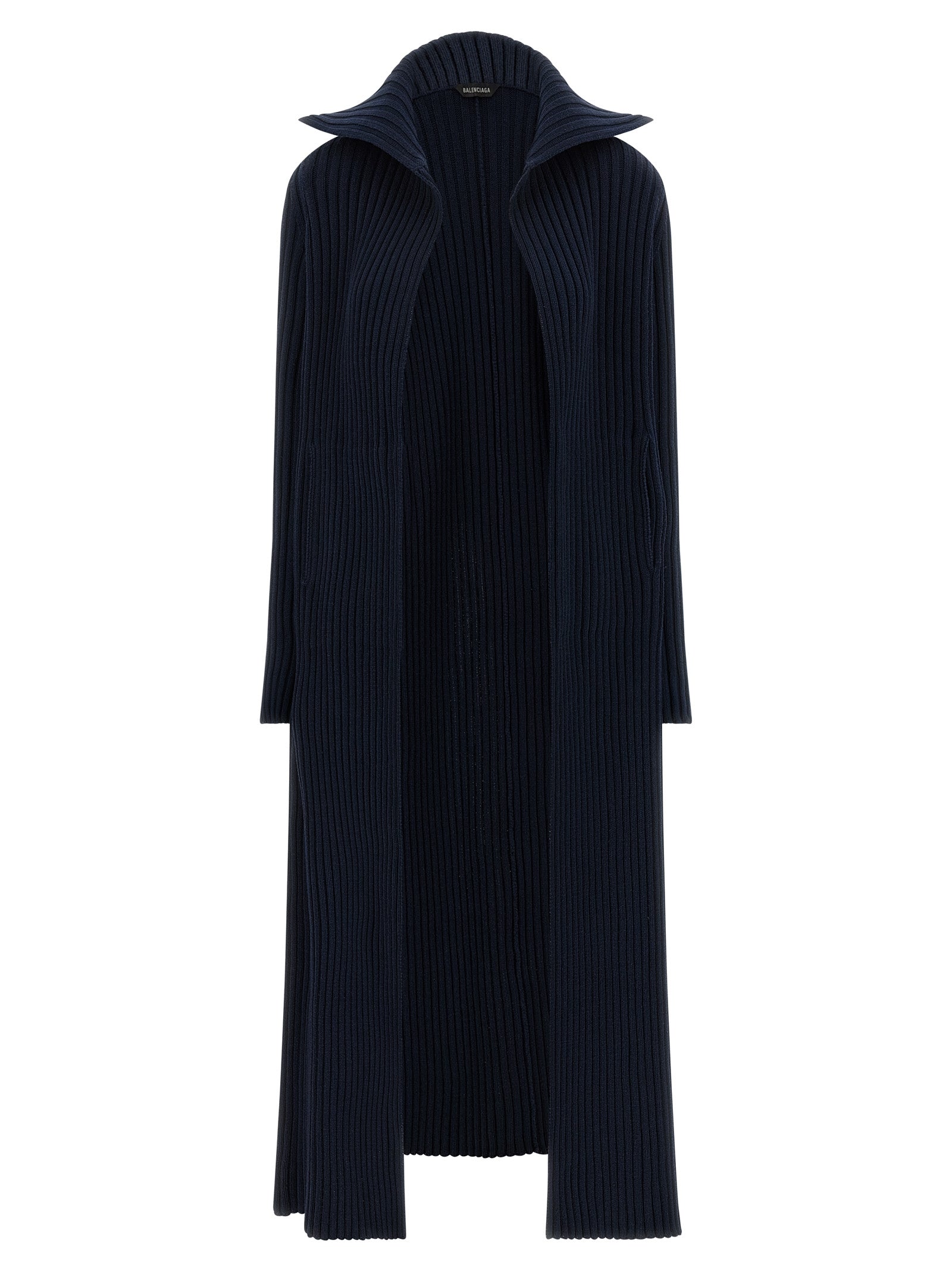 Cardigan en polyester bleu de la marque Balenciaga, detail visible avec col et boutons sur fond neutre.