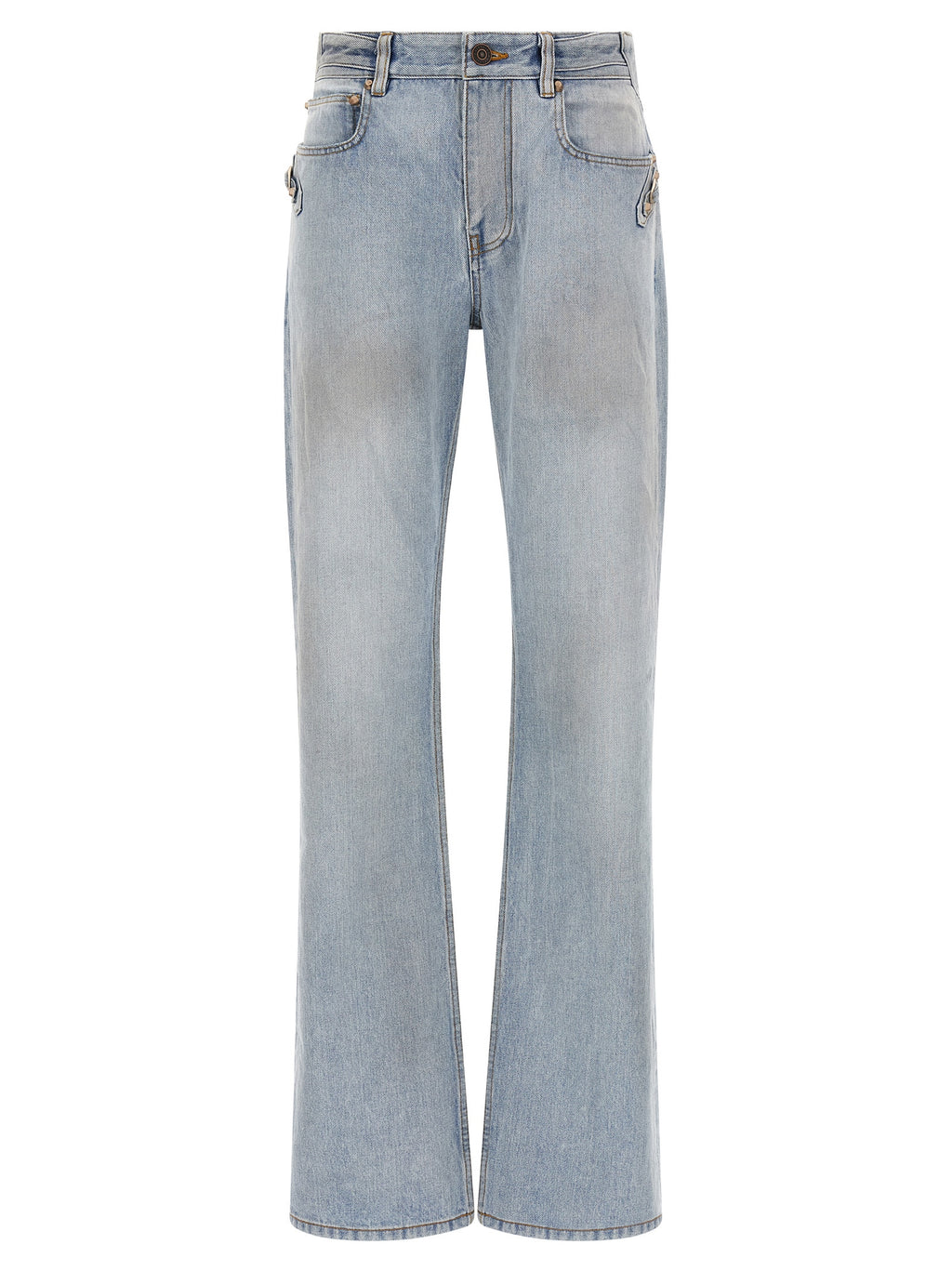 Jeans droits en coton bleu de la marque Balenciaga, vue de face, avec détails de couture visibles.