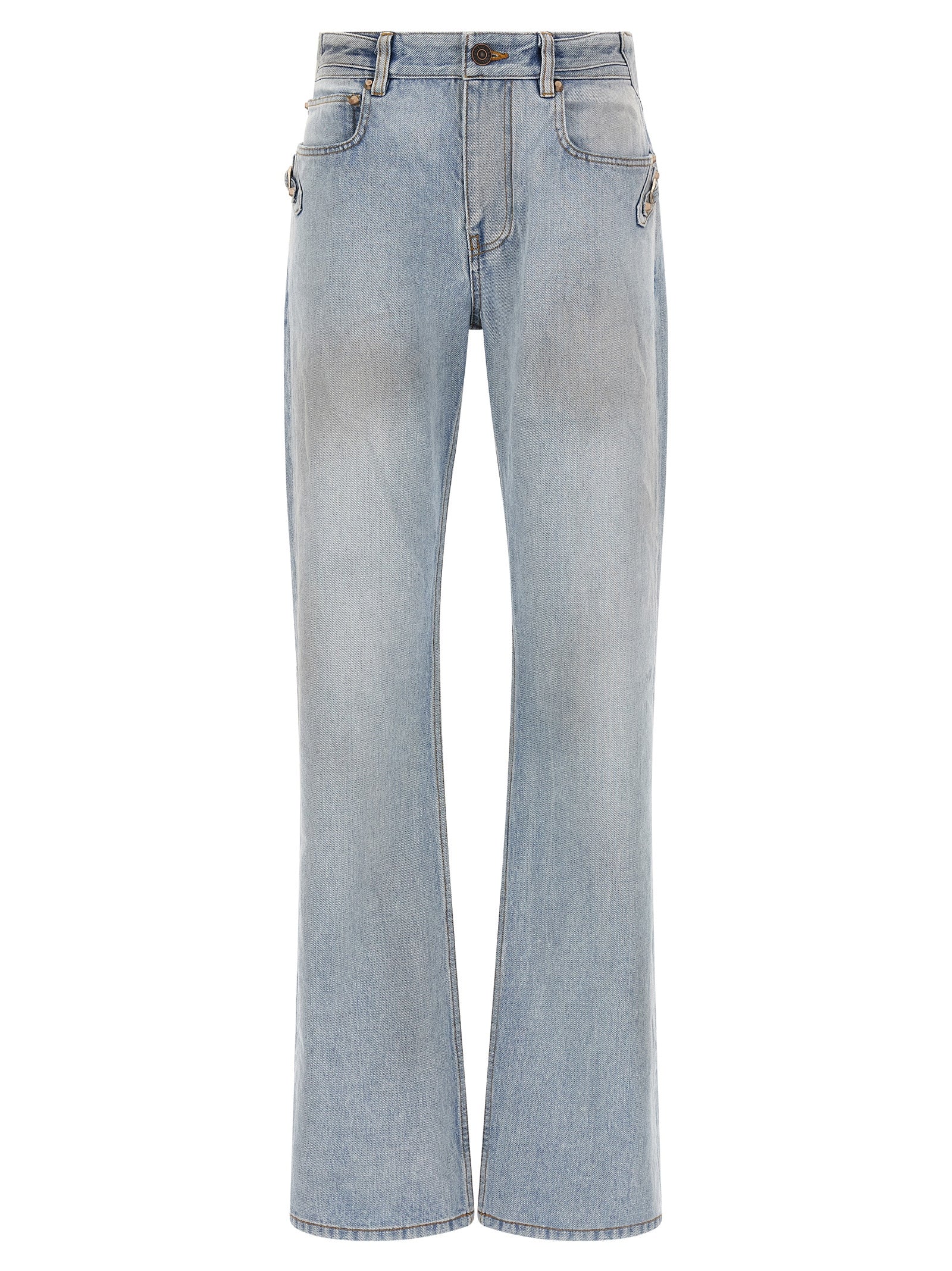 Jeans droits en coton bleu de la marque Balenciaga, vue de face, avec détails de couture visibles.