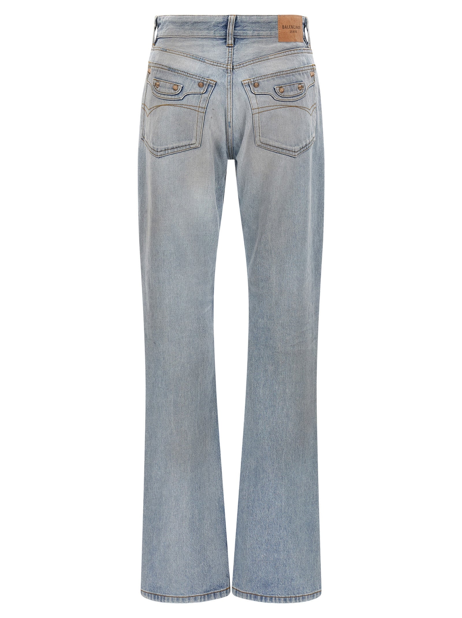 Jeans droits en coton bleu Balenciaga, vue de face, avec détails de couture et ceinture, style décontracté et moderne.