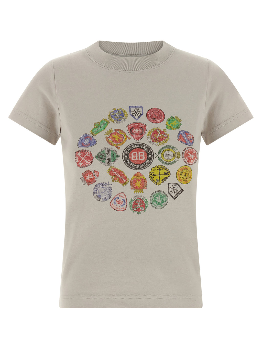 T-shirt gris en coton de Balenciaga, coupe classique, logo discret sur la poitrine, vue de face.
