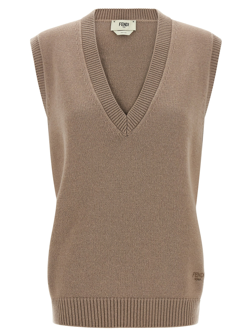 Veste sans manches en cachemire beige de Fendi, élégante et douce, avec détails de finition raffinés.