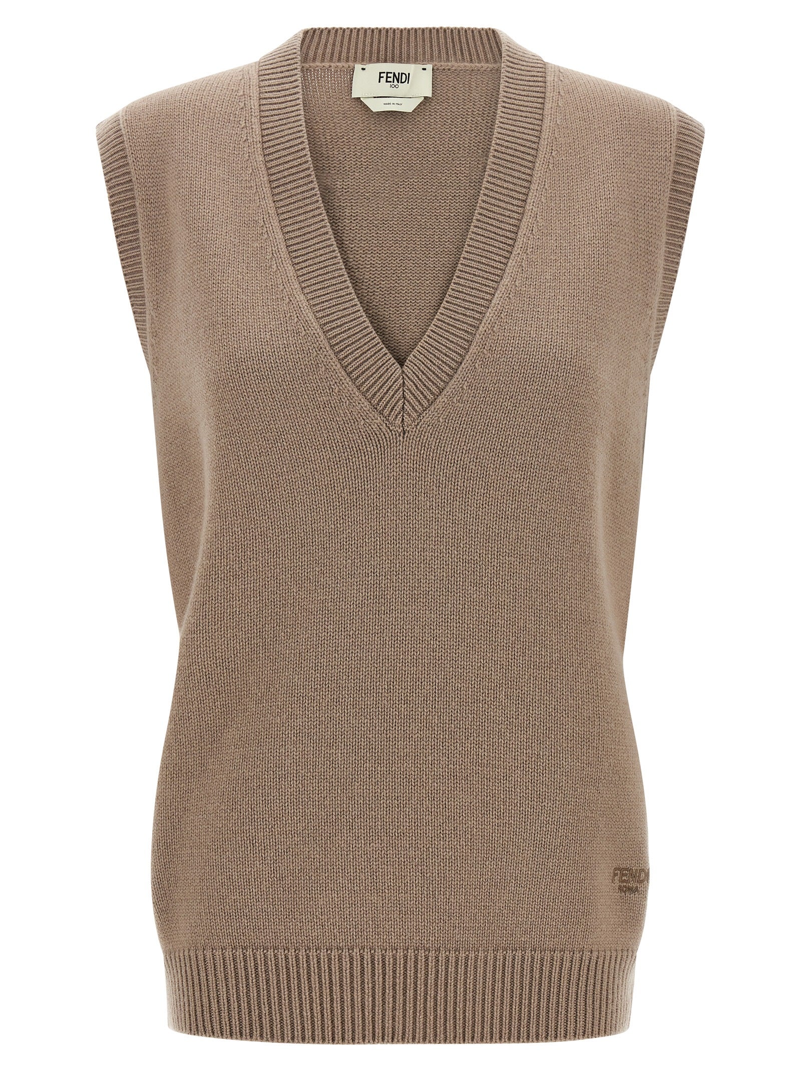 Veste sans manches en cachemire beige de Fendi, élégante et douce, avec détails de finition raffinés.