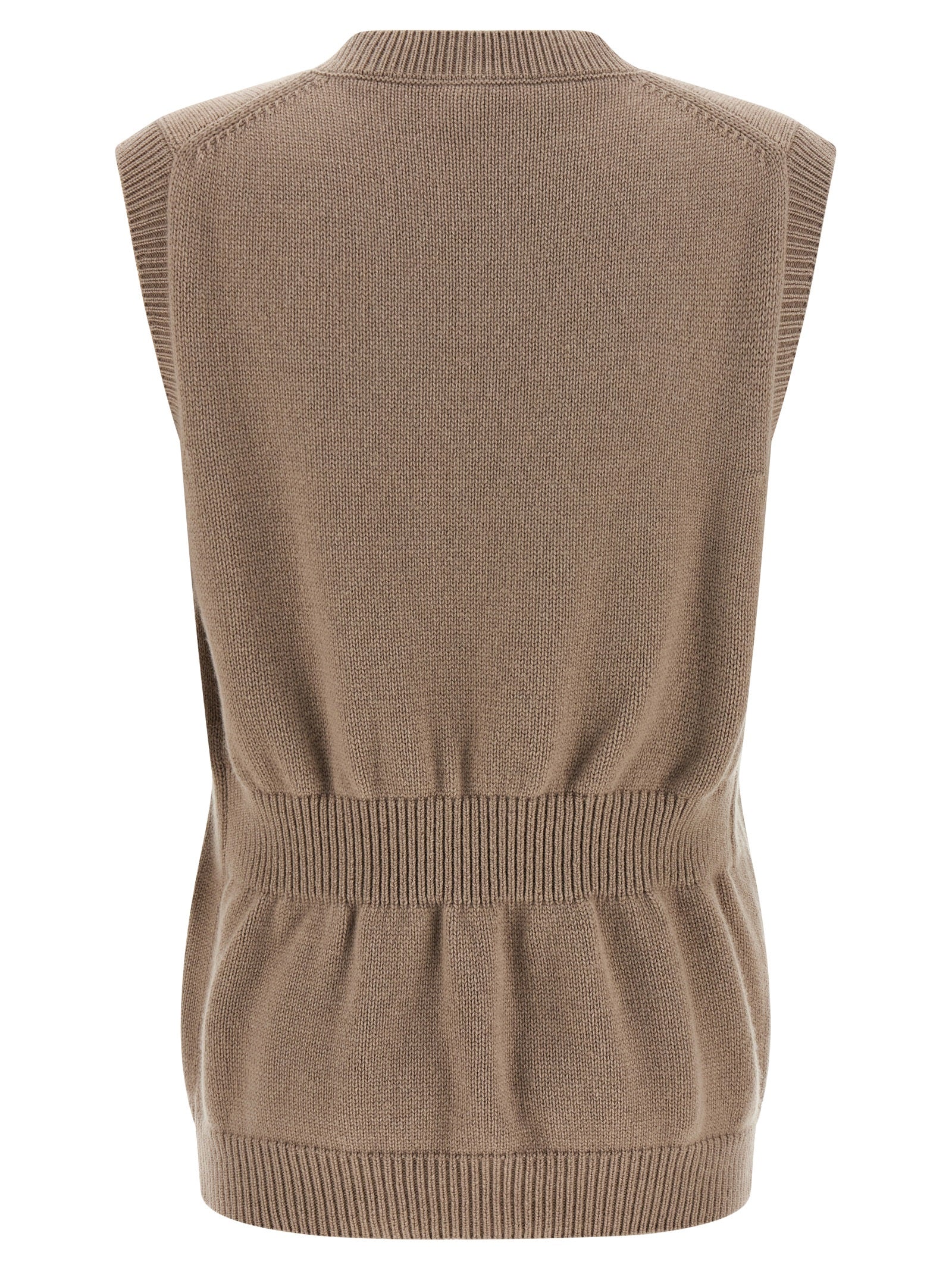 Veste sans manches en cachemire beige de Fendi, élégante et légère, affichée sur un fond neutre.