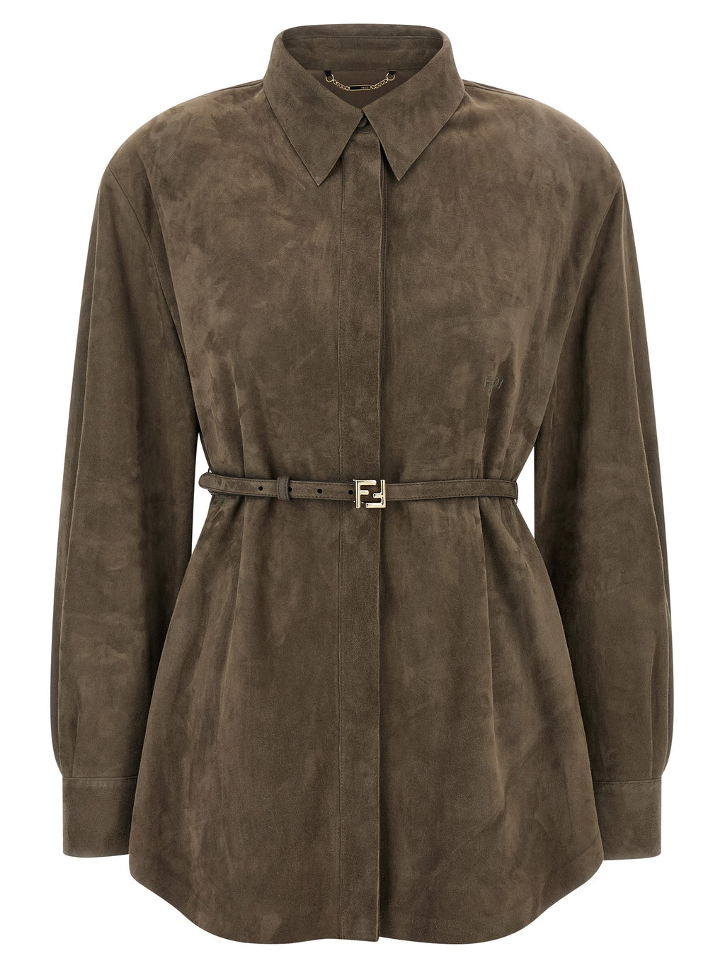 Chemise en cuir d'agneau gris de Fendi, élégante blouse en cuir pour femme visible sur l'image.