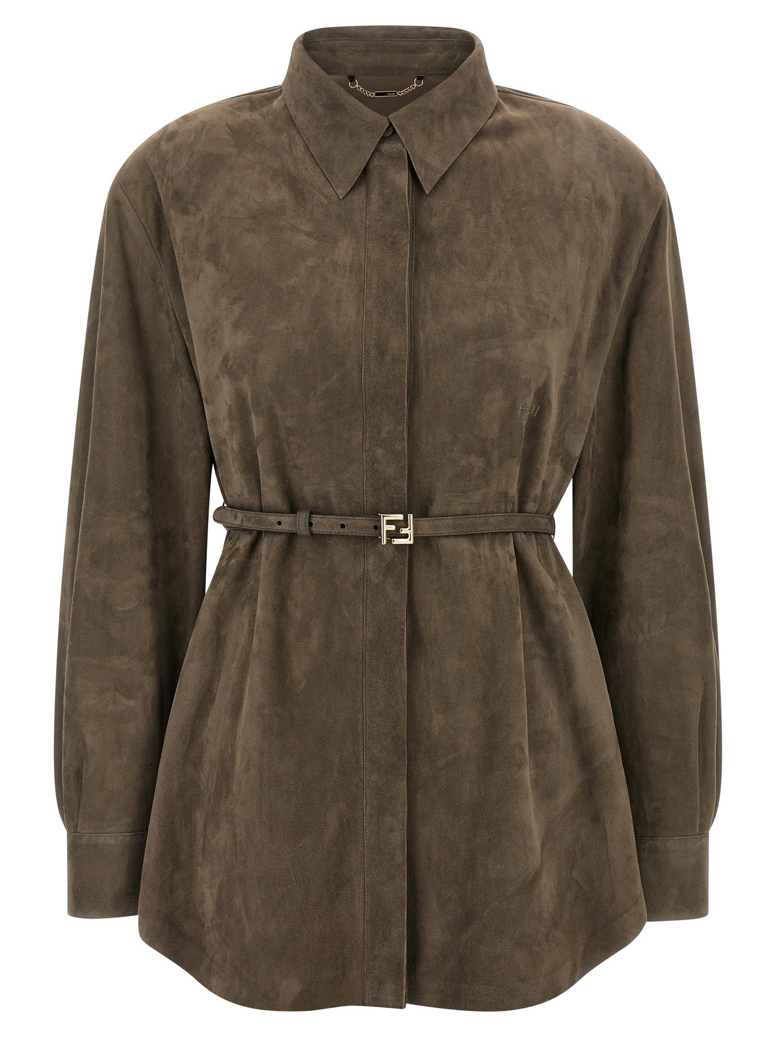 Chemise en cuir d'agneau gris de Fendi, élégante blouse en cuir pour femme visible sur l'image.