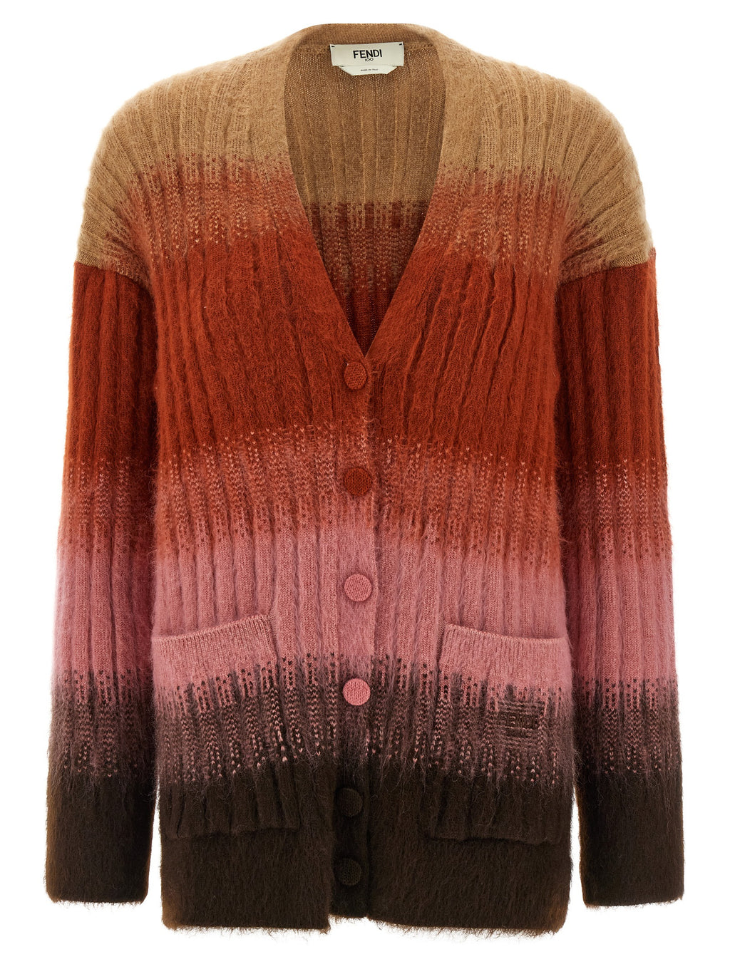 Cardigan en laine multicolore Fendi avec boutons, porté sur un mannequin, mettant en valeur le design coloré et la texture douce.