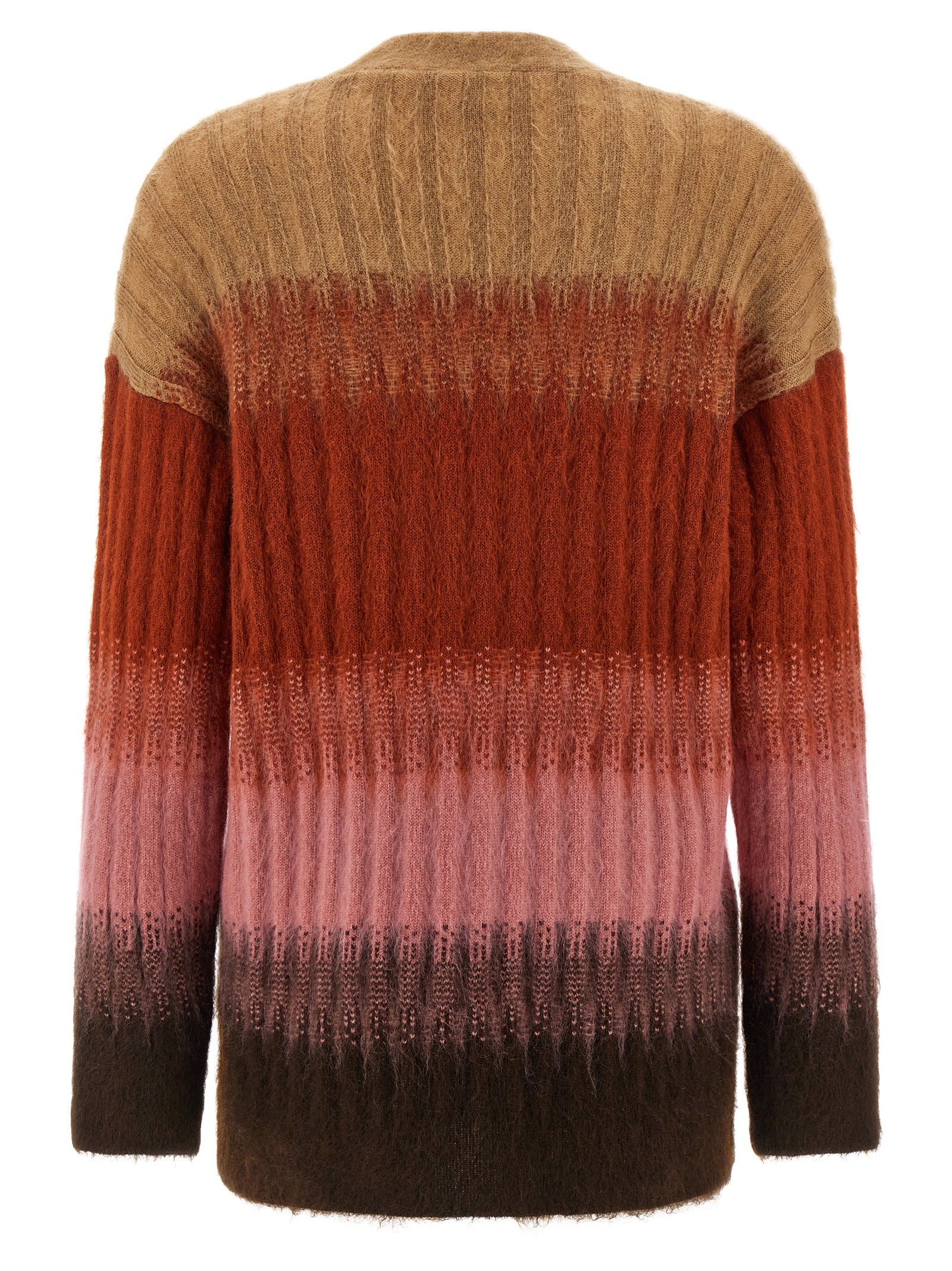 Cardigan en laine multicolore Fendi, coupe décontractée, détails colorés, porté sur un mannequin.